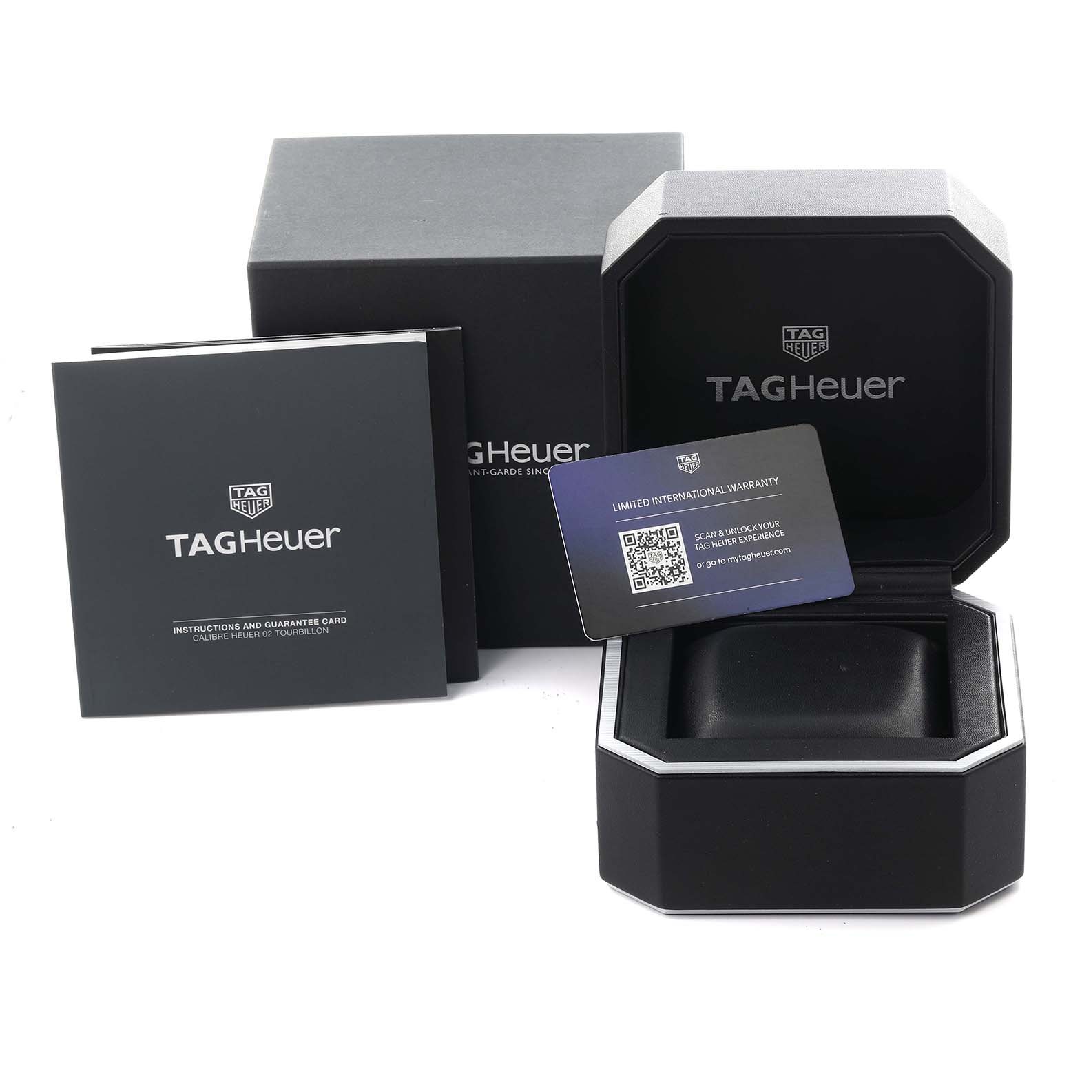 The image shows the packaging, warranty card, and manual for a Tag Heuer Carrera CBS5010.FC6543 Men's Stainless Steel Blue Dial CBS5010.FC6543 Men's Stainless Steel Blue Dial watch, with the box open.