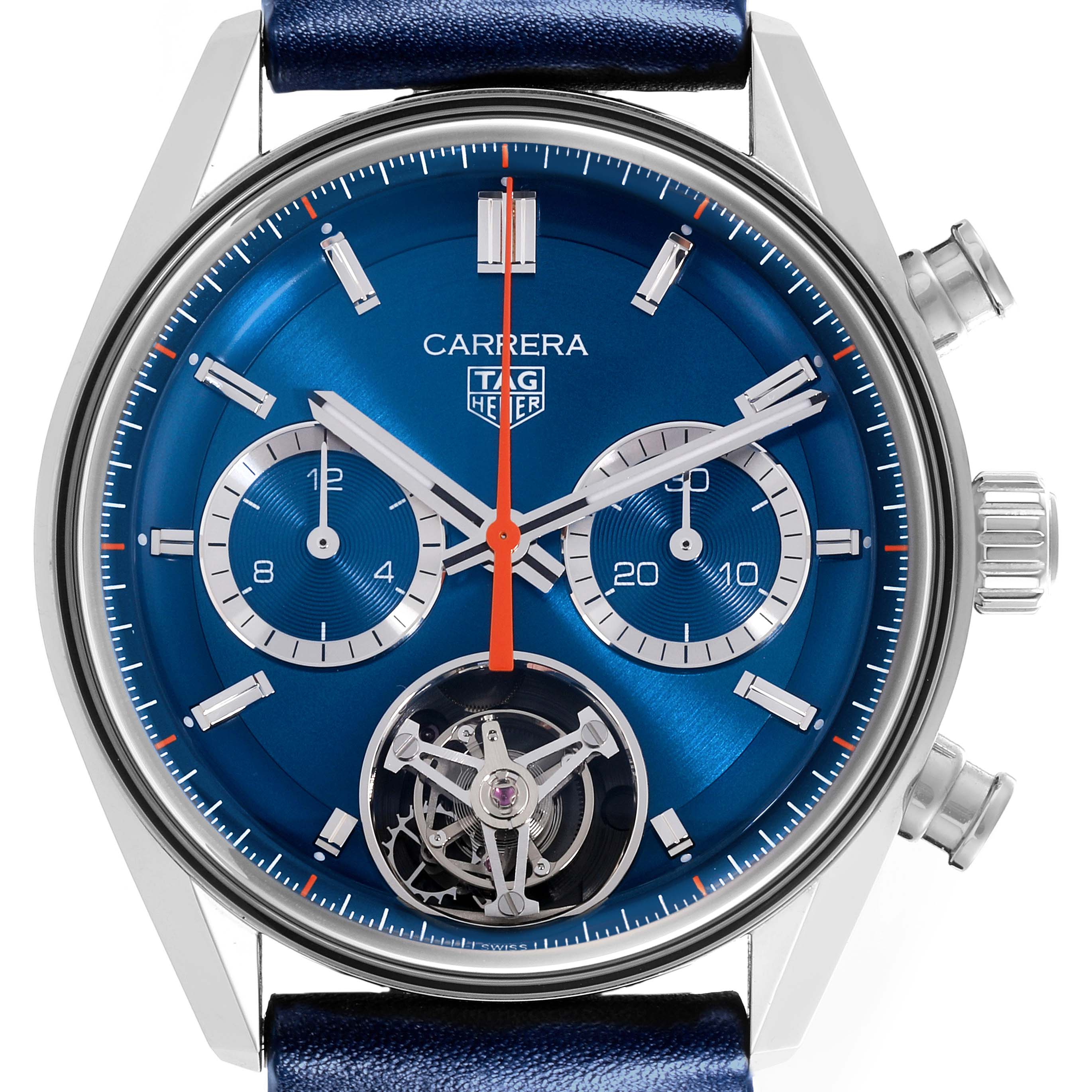 The Tag Heuer Carrera CBS5010.FC6543 Men's Stainless Steel Blue Dial CBS5010.FC6543 Men's Stainless Steel Blue Dial watch is shown from the front, highlighting the blue dial, subdials, hands, and tourbillon.