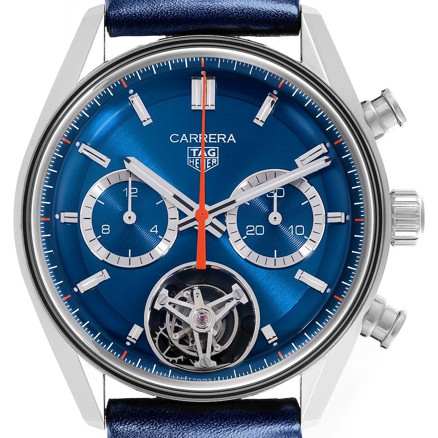 The Tag Heuer Carrera watch is shown from the front, highlighting the blue dial, subdials, hands, and tourbillon.