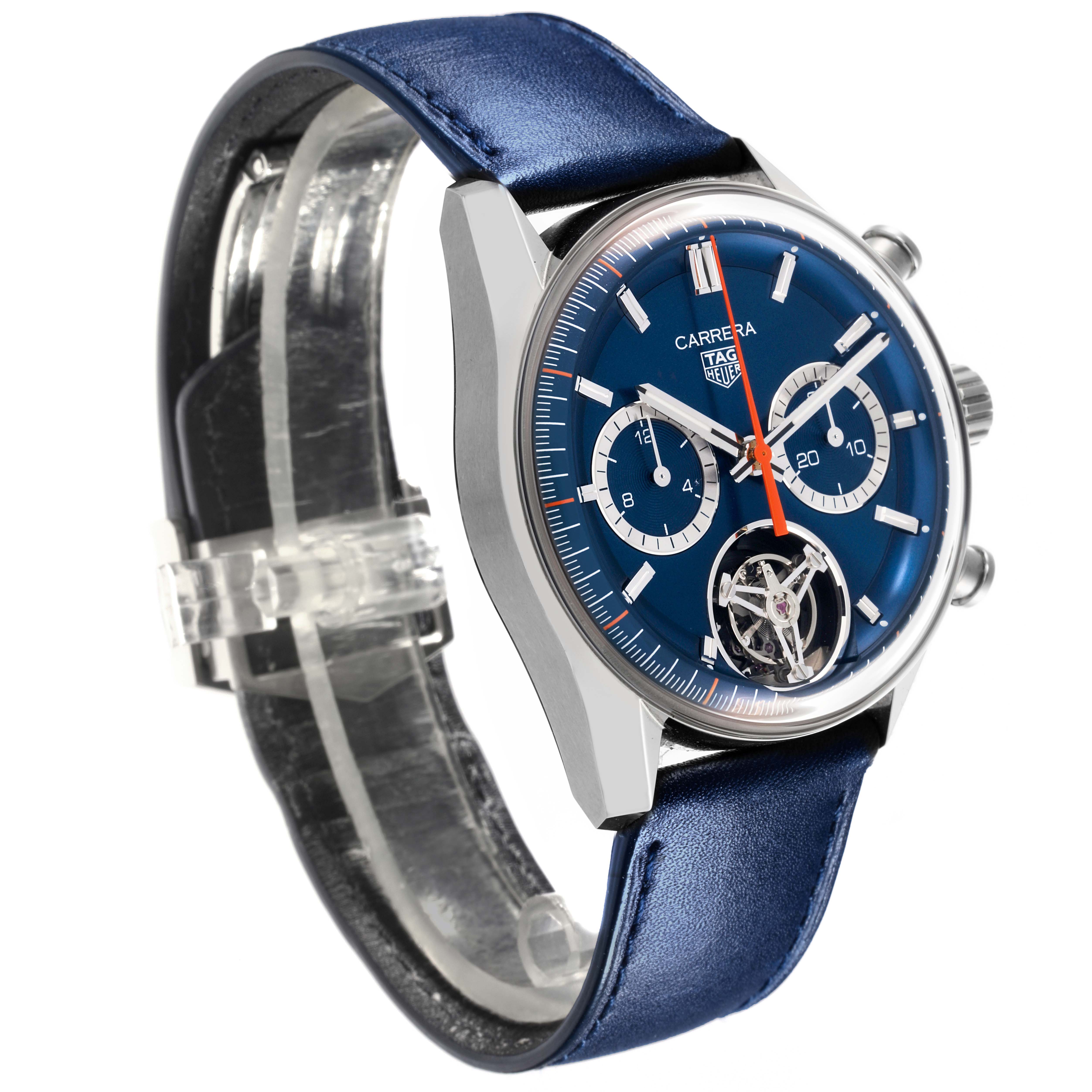 The Tag Heuer Carrera CBS5010.FC6543 Men's Stainless Steel Blue Dial CBS5010.FC6543 Men's Stainless Steel Blue Dial watch is shown at an angled side view, highlighting the dial, crown, and strap.