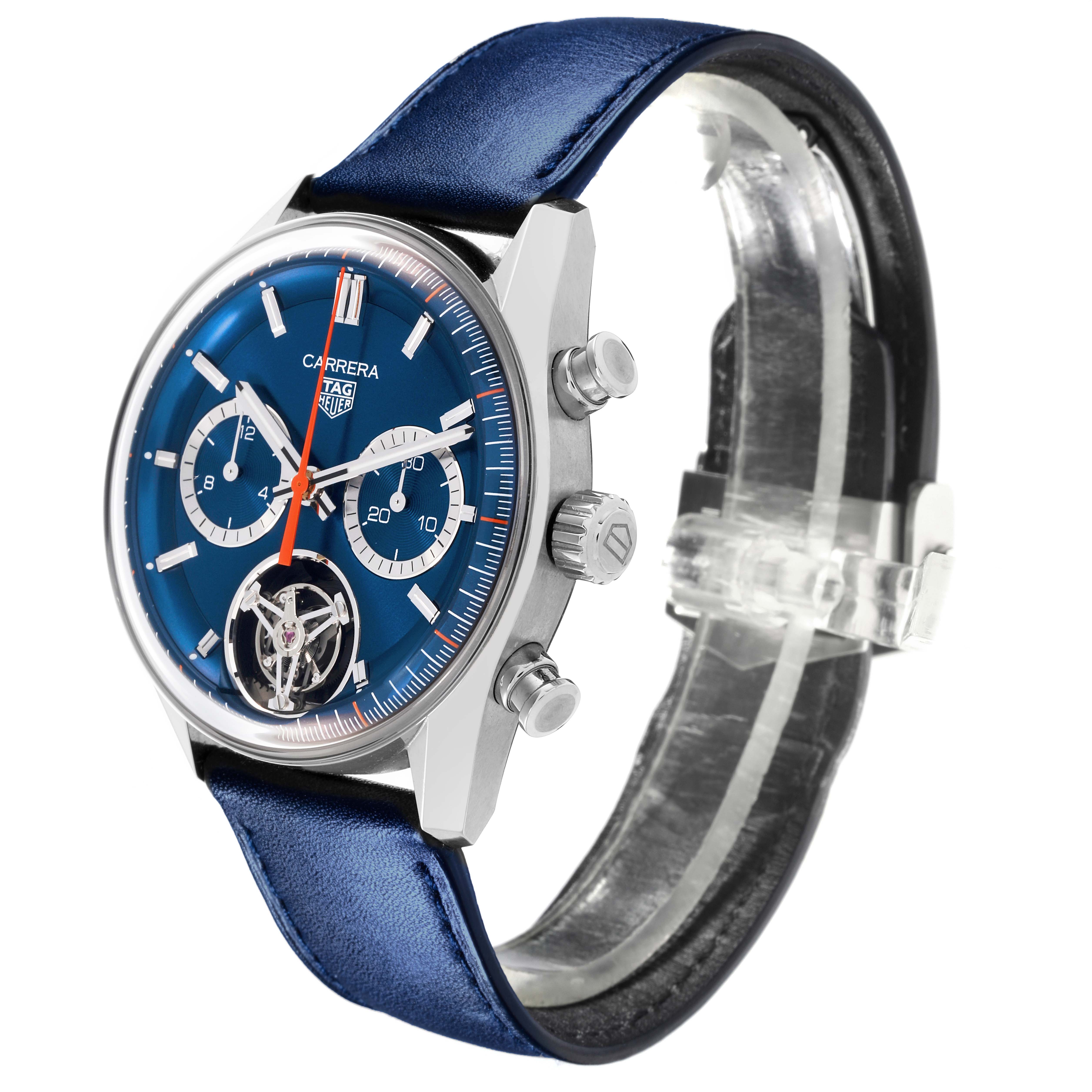 The image shows a side view of the Tag Heuer Carrera CBS5010.FC6543 Men's Stainless Steel Blue Dial CBS5010.FC6543 Men's Stainless Steel Blue Dial watch, revealing the blue dial, chronograph subdials, and blue strap.