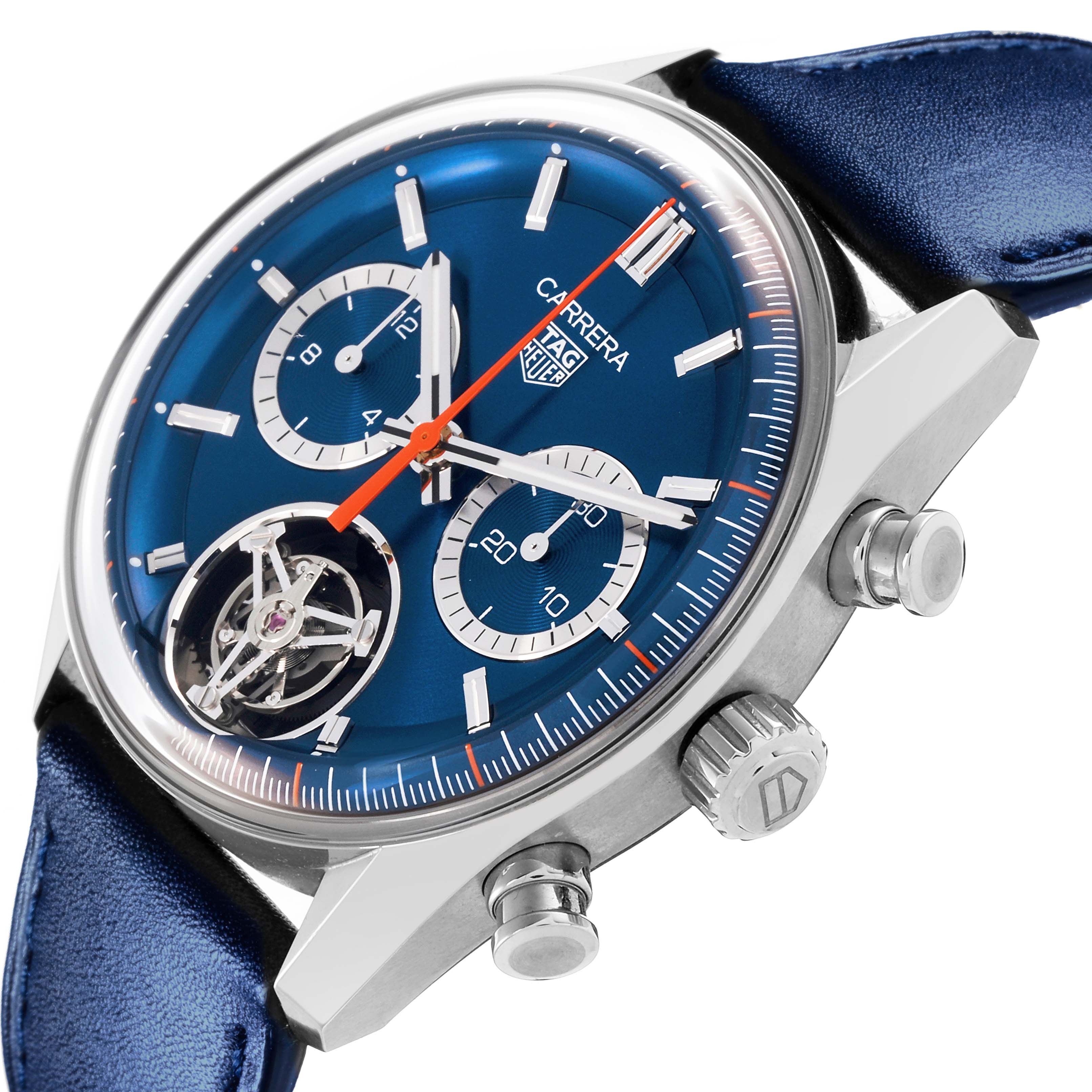 The image shows a Tag Heuer Carrera CBS5010.FC6543 Men's Stainless Steel Blue Dial CBS5010.FC6543 Men's Stainless Steel Blue Dial watch at an oblique angle, highlighting the dial, chronograph subdials, and crown.
