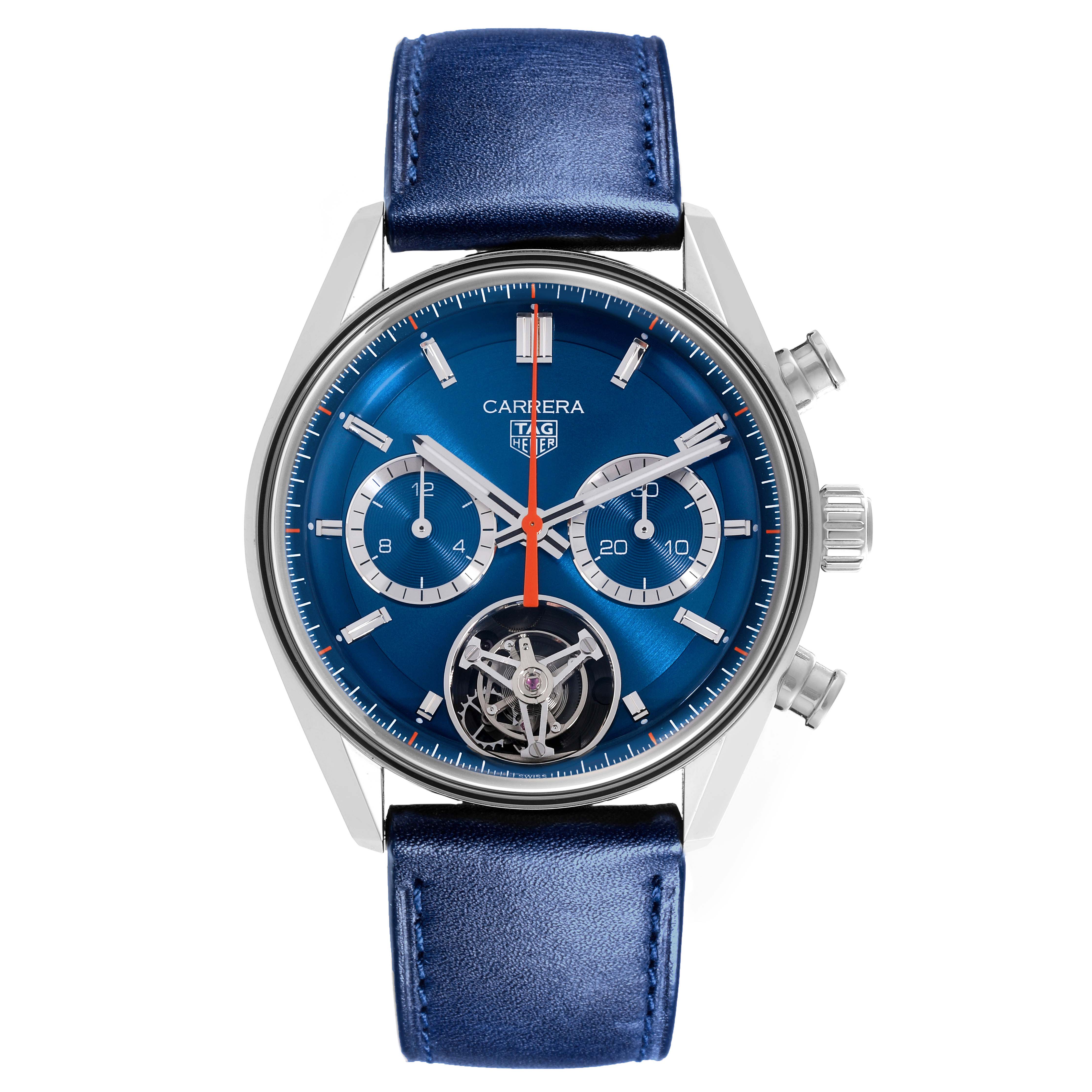 The Tag Heuer Carrera CBS5010.FC6543 Men's Stainless Steel Blue Dial CBS5010.FC6543 Men's Stainless Steel Blue Dial watch is shown from the front, displaying its blue dial, subdials, chronograph buttons, and leather strap.