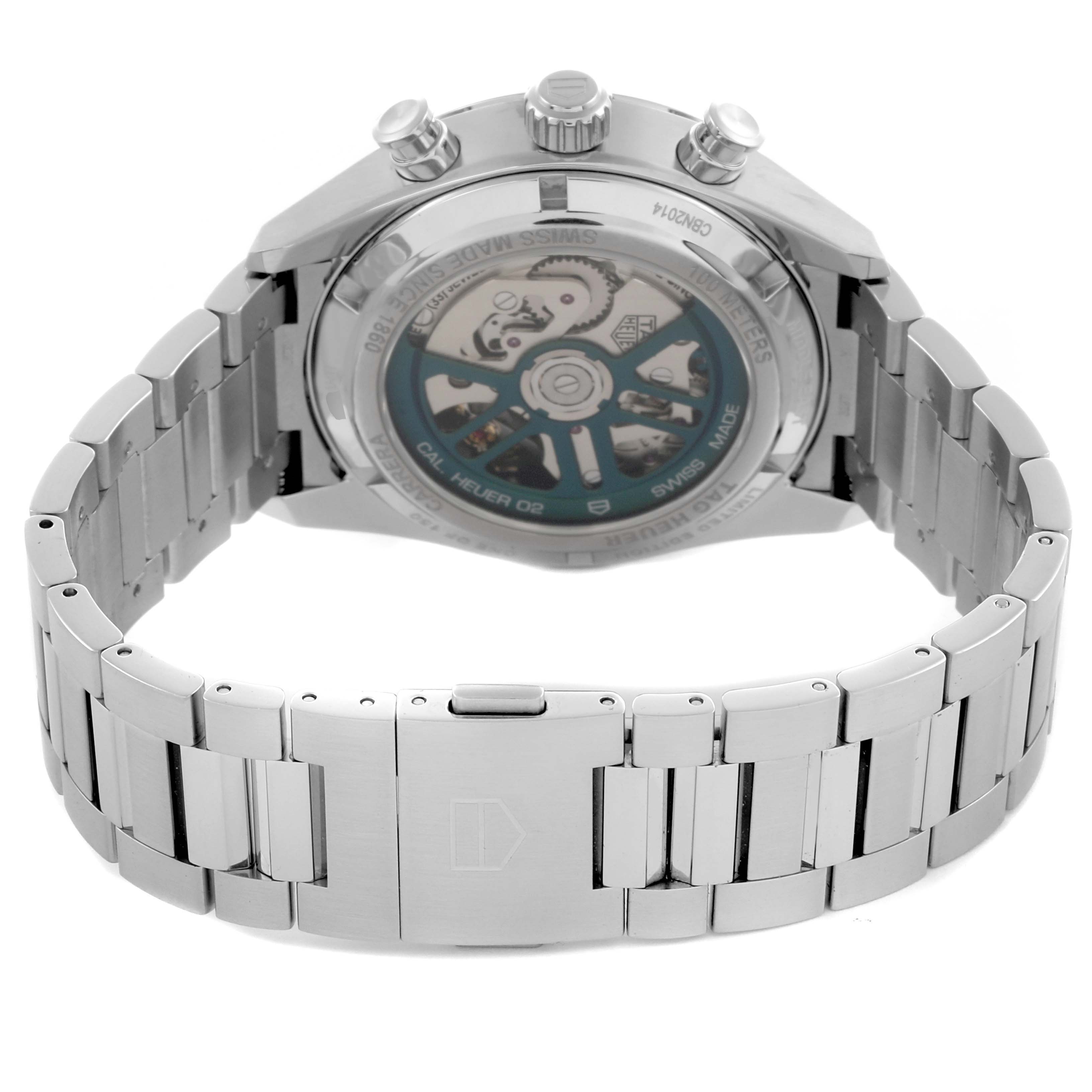 The image shows the back of the Tag Heuer Carrera CBN2014.BA0642 Men's Stainless Steel Green Dial CBN2014.BA0642 Men's Stainless Steel Green Dial watch, highlighting the open case back and metal bracelet.