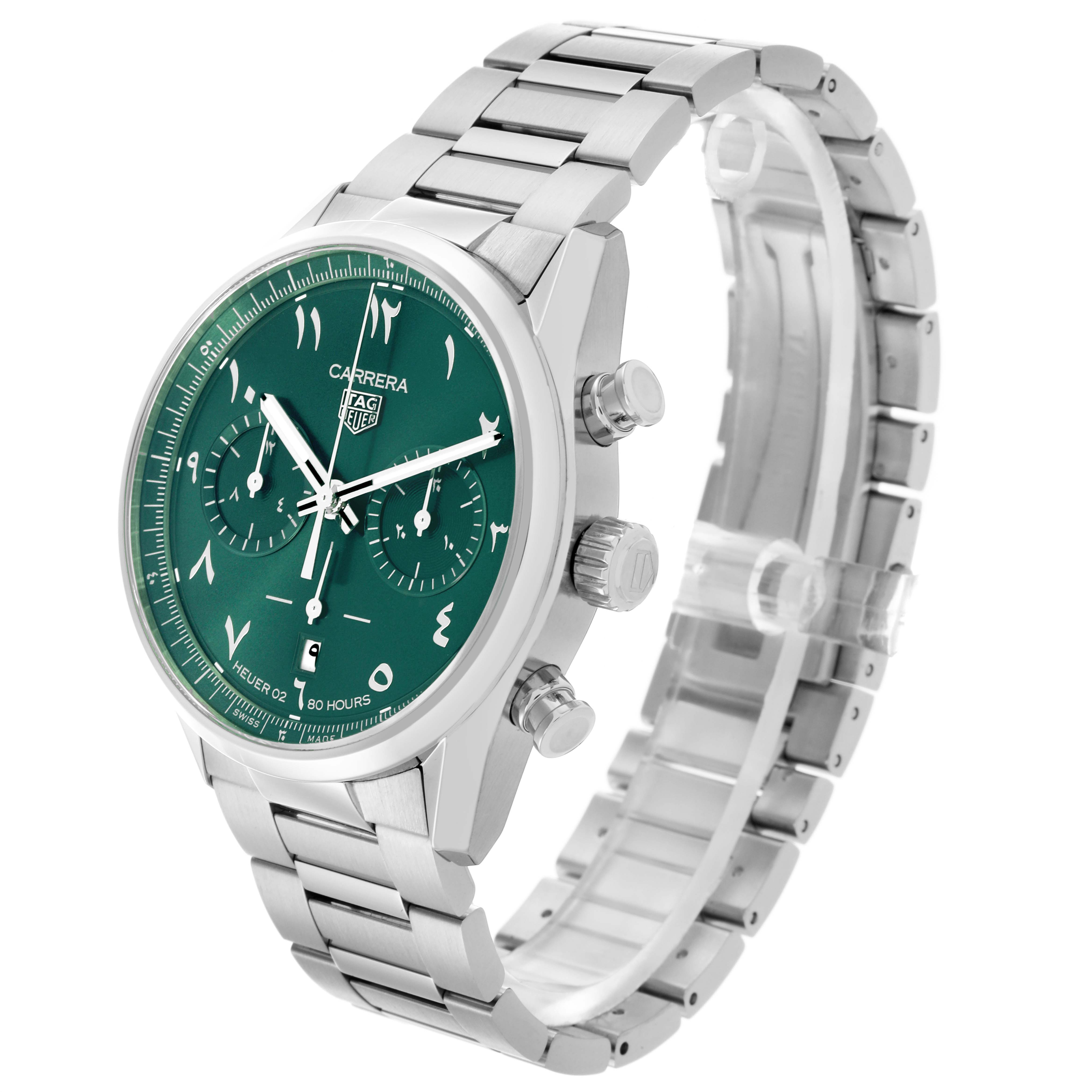 The Tag Heuer Carrera CBN2014.BA0642 Men's Stainless Steel Green Dial CBN2014.BA0642 Men's Stainless Steel Green Dial watch is shown at a side angle, displaying the dial, bezel, pushers, and metal bracelet.