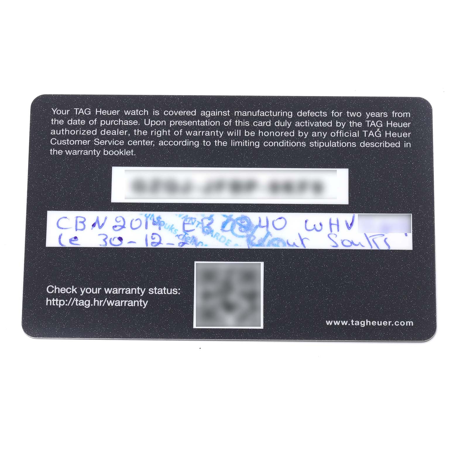 The image shows a warranty card for a Tag Heuer Carrera CBN2014.BA0642 Men's Stainless Steel Green Dial CBN2014.BA0642 Men's Stainless Steel Green Dial watch, featuring text and handwritten details.