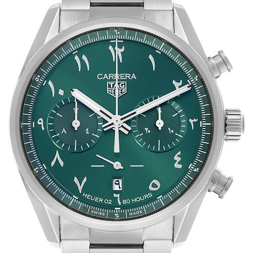 The Tag Heuer Carrera watch is shown from a front angle, highlighting its green dial, Arabic numerals, sub-dials, and date window.