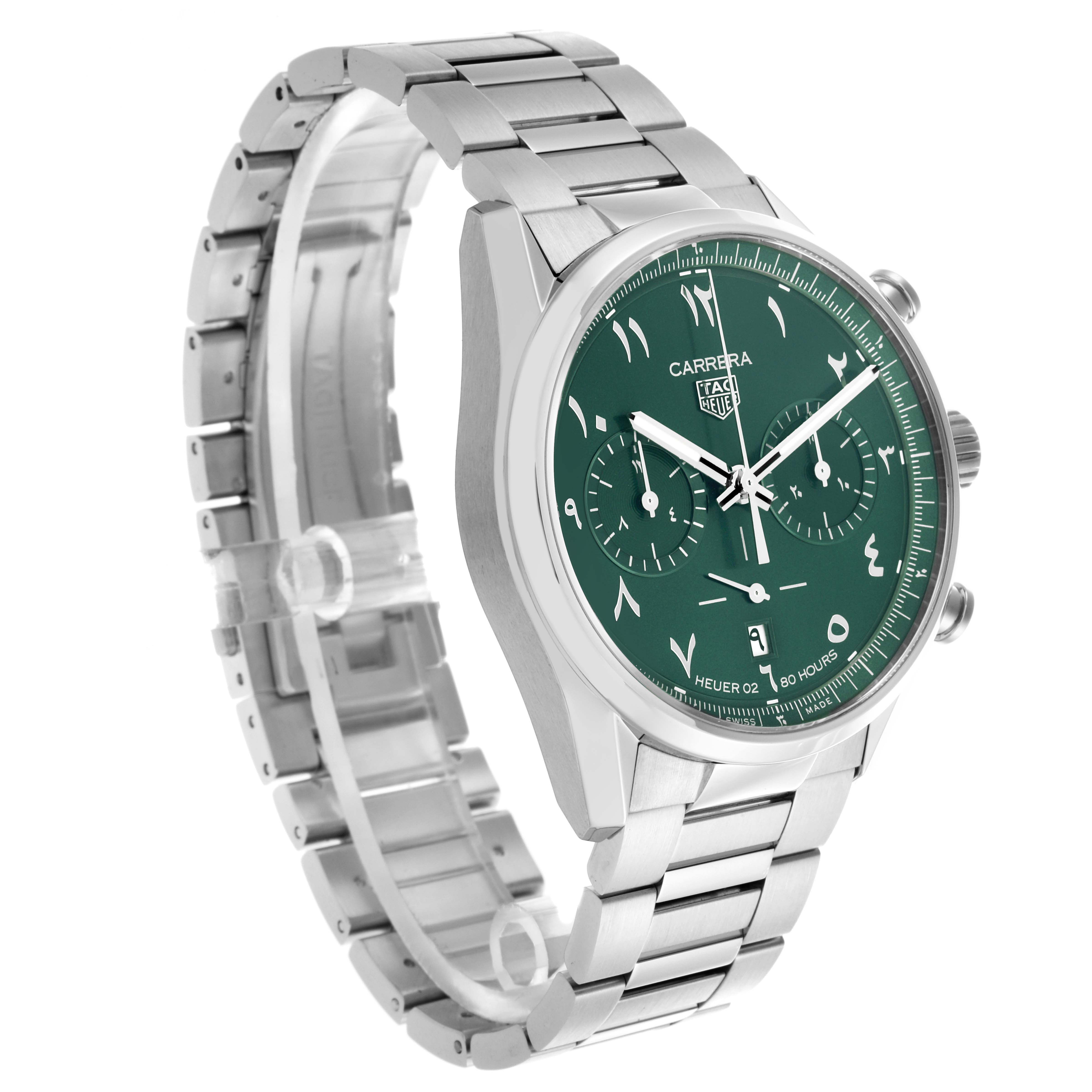 The Tag Heuer Carrera CBN2014.BA0642 Men's Stainless Steel Green Dial CBN2014.BA0642 Men's Stainless Steel Green Dial watch is shown at a three-quarter angle, displaying its green dial, stainless steel case, and bracelet.