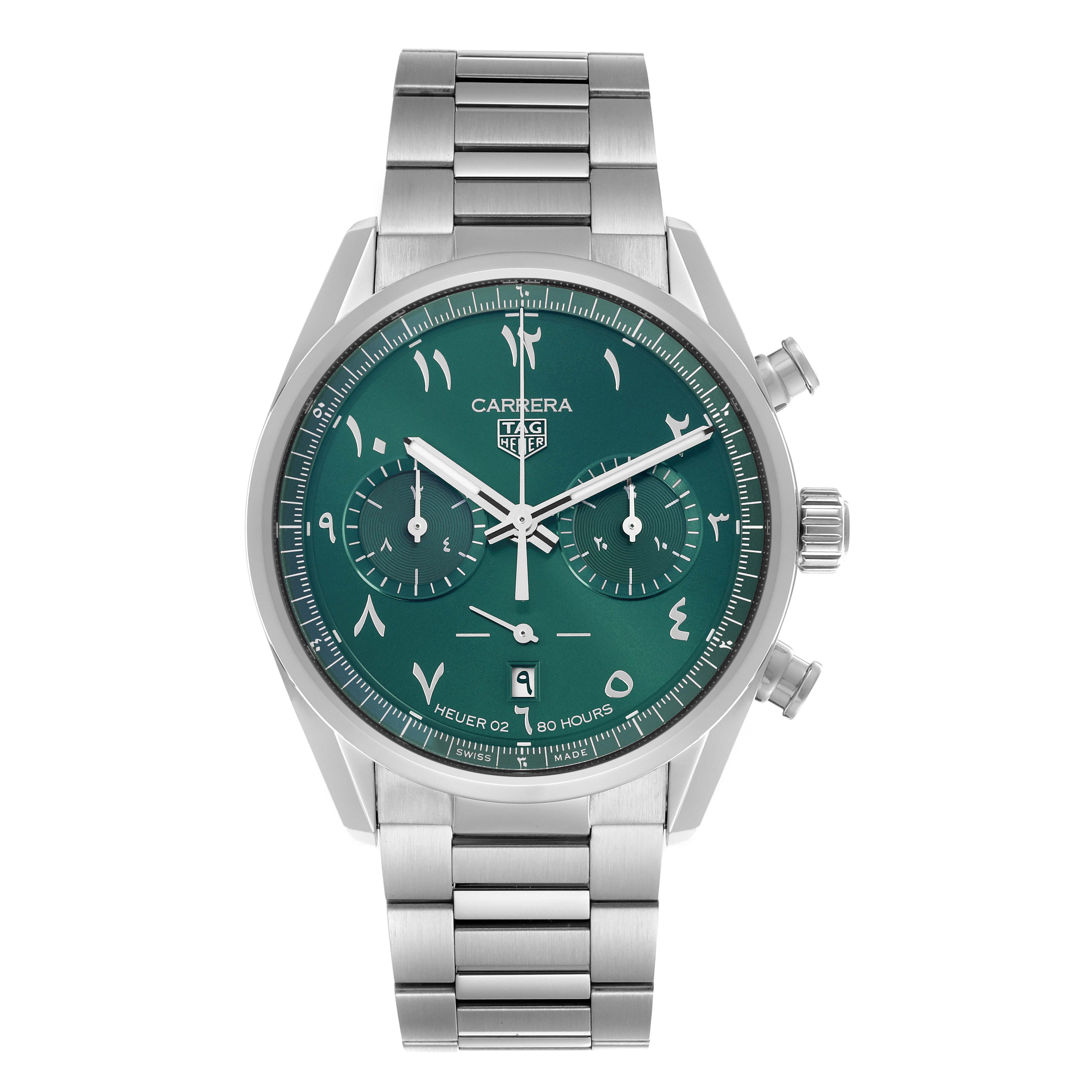 The image shows a front view of the Tag Heuer Carrera CBN2014.BA0642 Men's Stainless Steel Green Dial CBN2014.BA0642 Men's Stainless Steel Green Dial watch, featuring the dial, bezel, and bracelet.