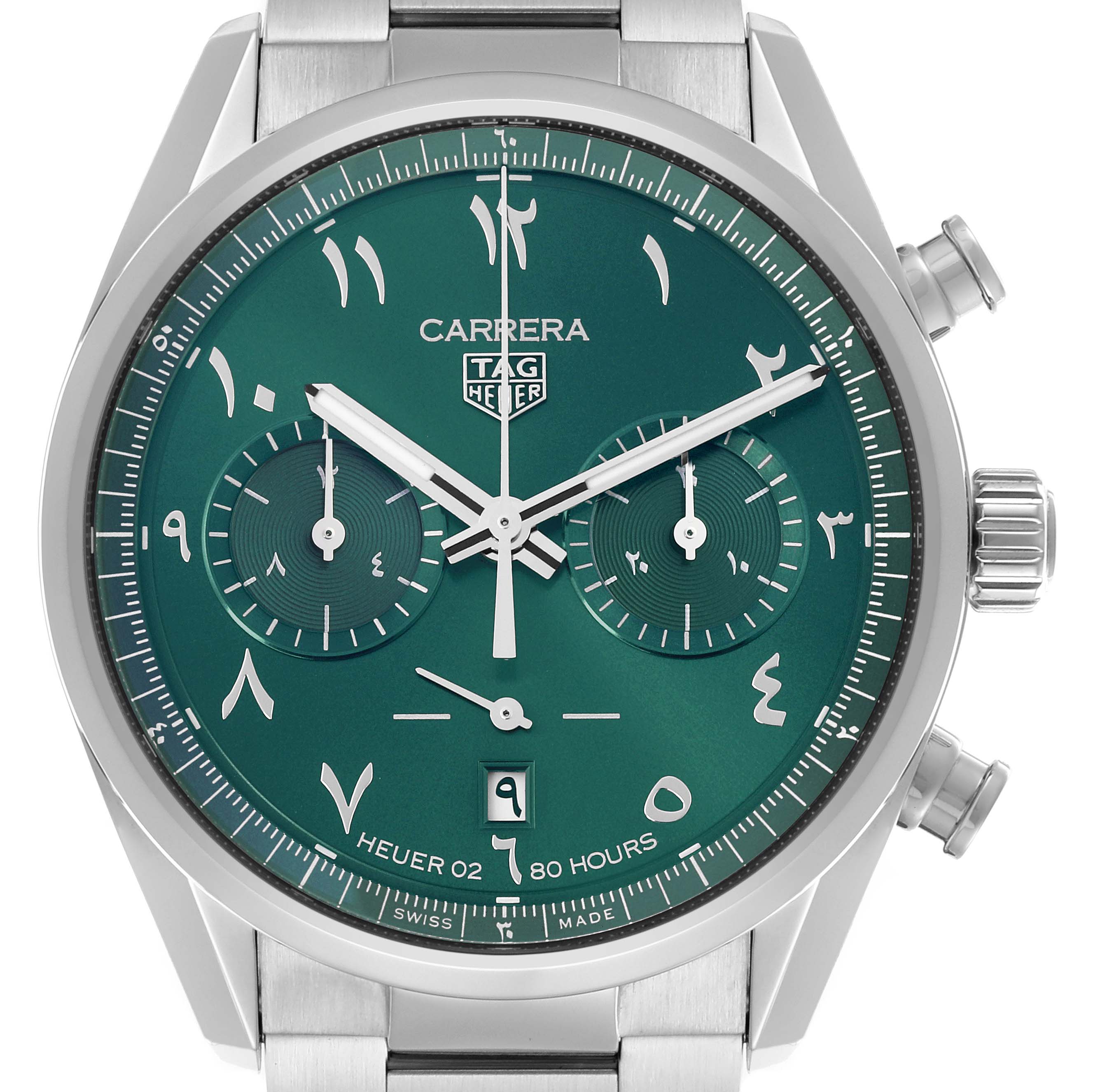 The Tag Heuer Carrera CBN2014.BA0642 Men's Stainless Steel Green Dial CBN2014.BA0642 Men's Stainless Steel Green Dial watch is shown from the front, displaying the dial, subdials, crown, and chronograph buttons.