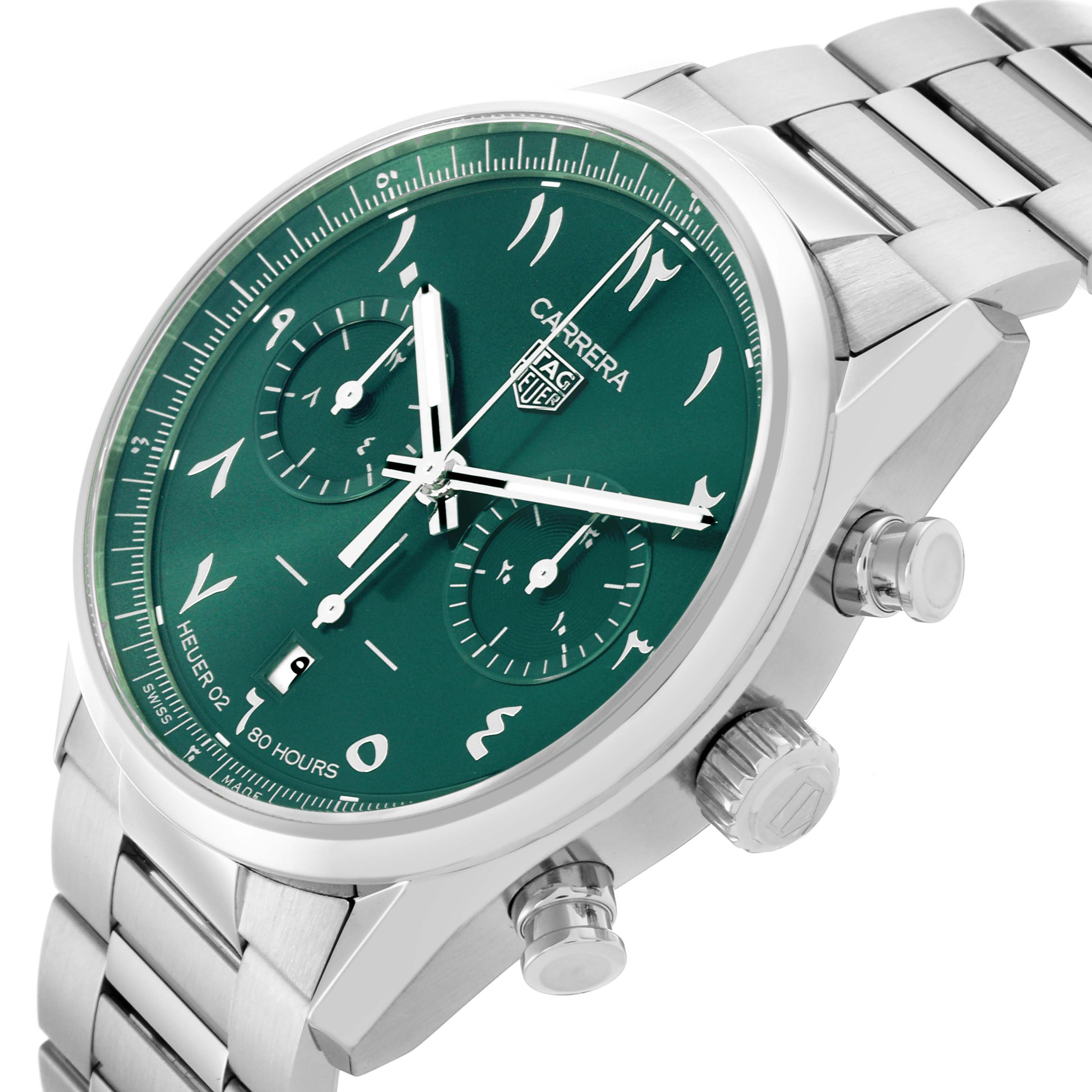 The Tag Heuer Carrera CBN2014.BA0642 Men's Stainless Steel Green Dial CBN2014.BA0642 Men's Stainless Steel Green Dial watch is shown at a 3/4 angle, displaying the green dial, bezel, pushers, crown, and metal bracelet.