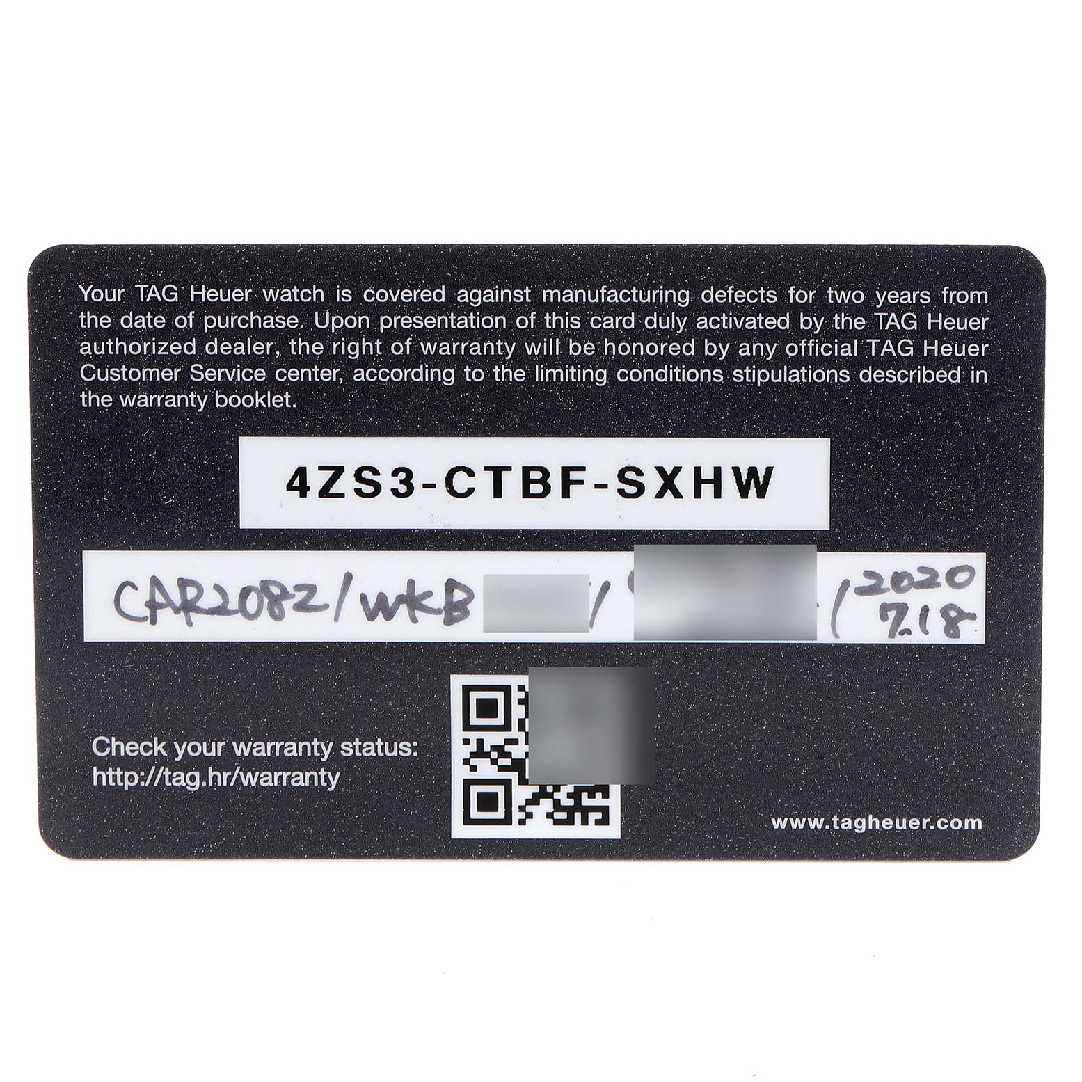 The image shows a warranty card for a Tag Heuer Carrera CAR208Z.BF0719 Men's Stainless Steel Grey Dial CAR208Z.BF0719 Men's Stainless Steel Grey Dial model watch, displaying the serial number and warranty details.