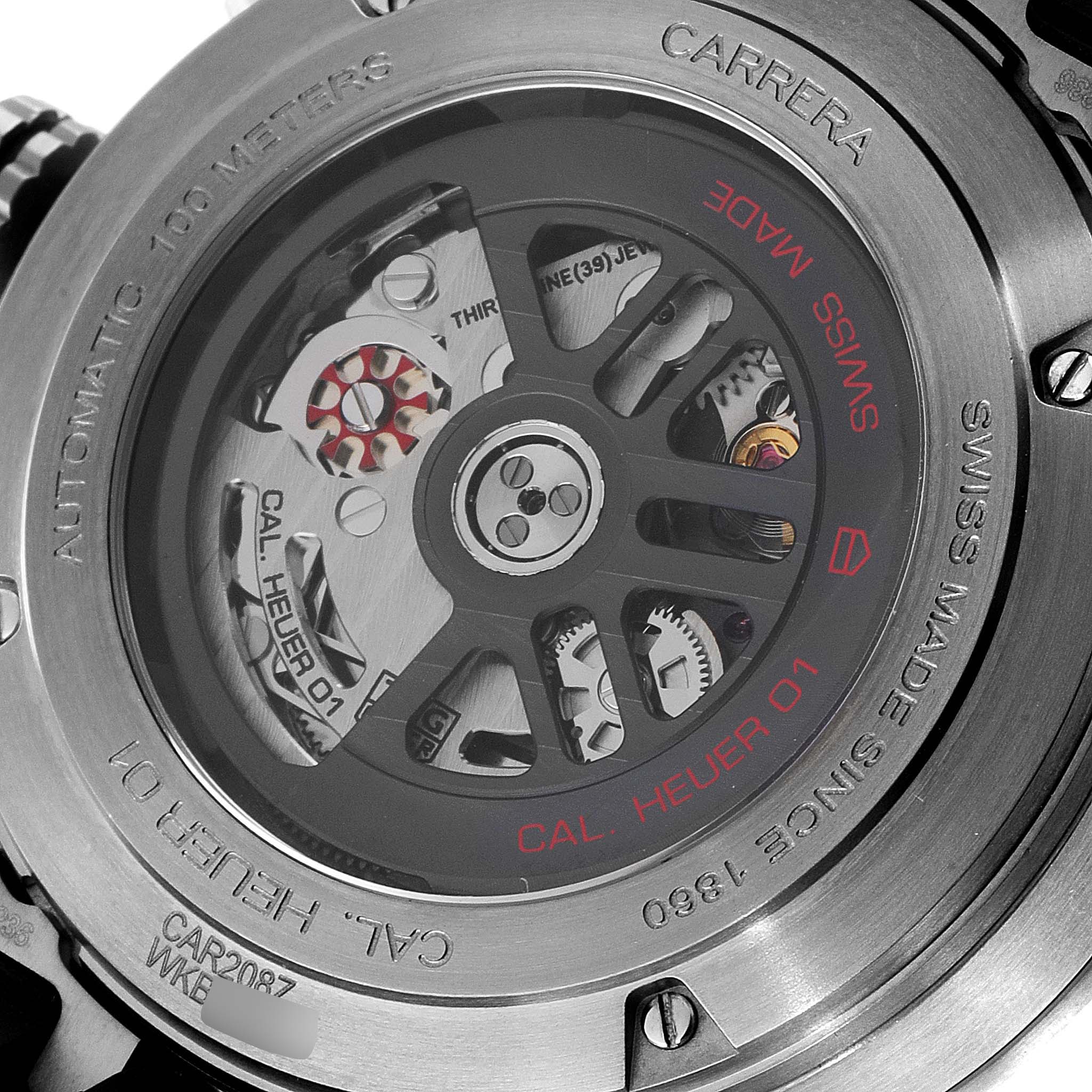 The image shows the back of a Tag Heuer Carrera CAR208Z.BF0719 Men's Stainless Steel Grey Dial CAR208Z.BF0719 Men's Stainless Steel Grey Dial watch, highlighting its automatic movement and intricate internal mechanisms.
