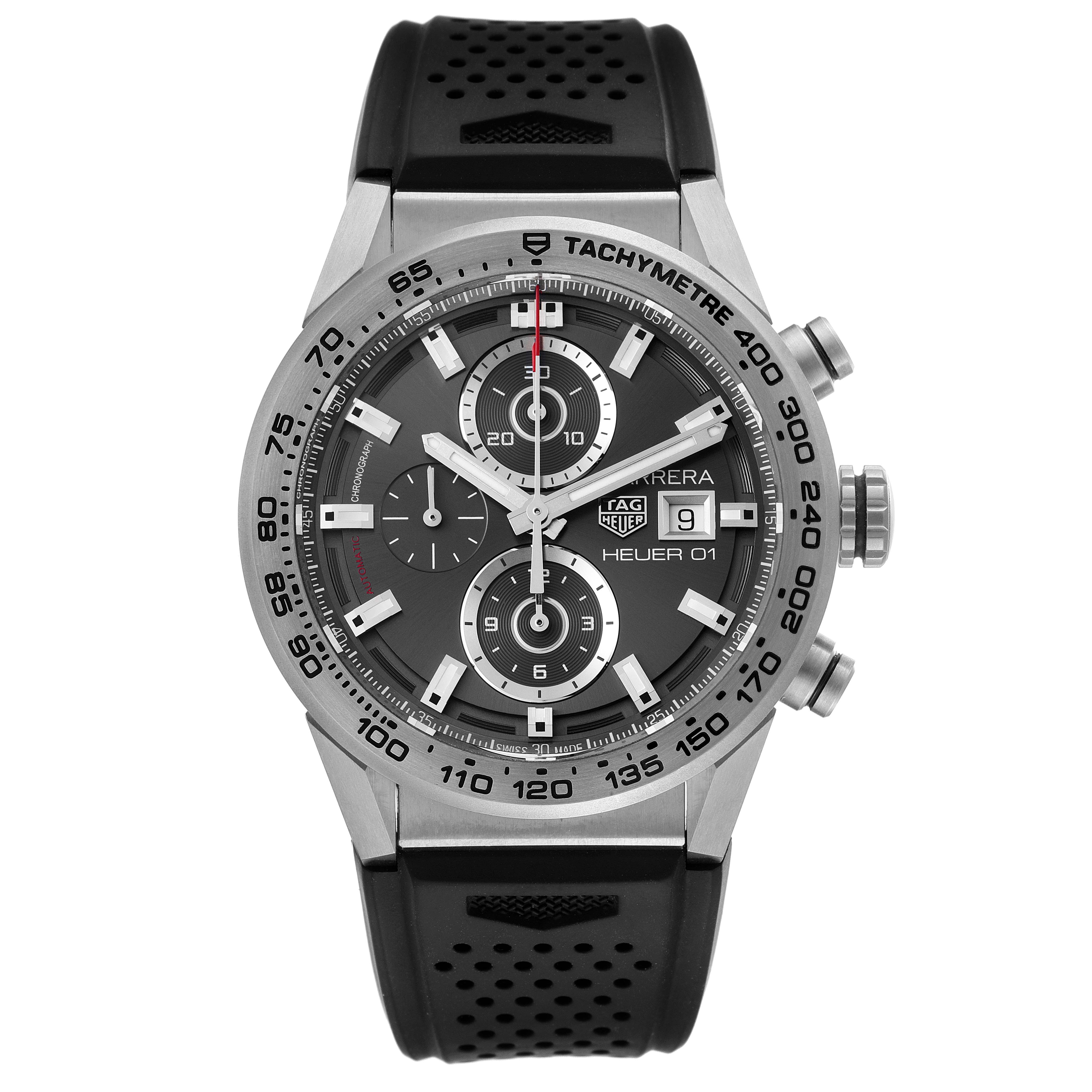 This is a head-on view of the Tag Heuer Carrera CAR208Z.BF0719 Men's Stainless Steel Grey Dial CAR208Z.BF0719 Men's Stainless Steel Grey Dial watch, showing the face, dial, chronograph functions, and part of the strap.