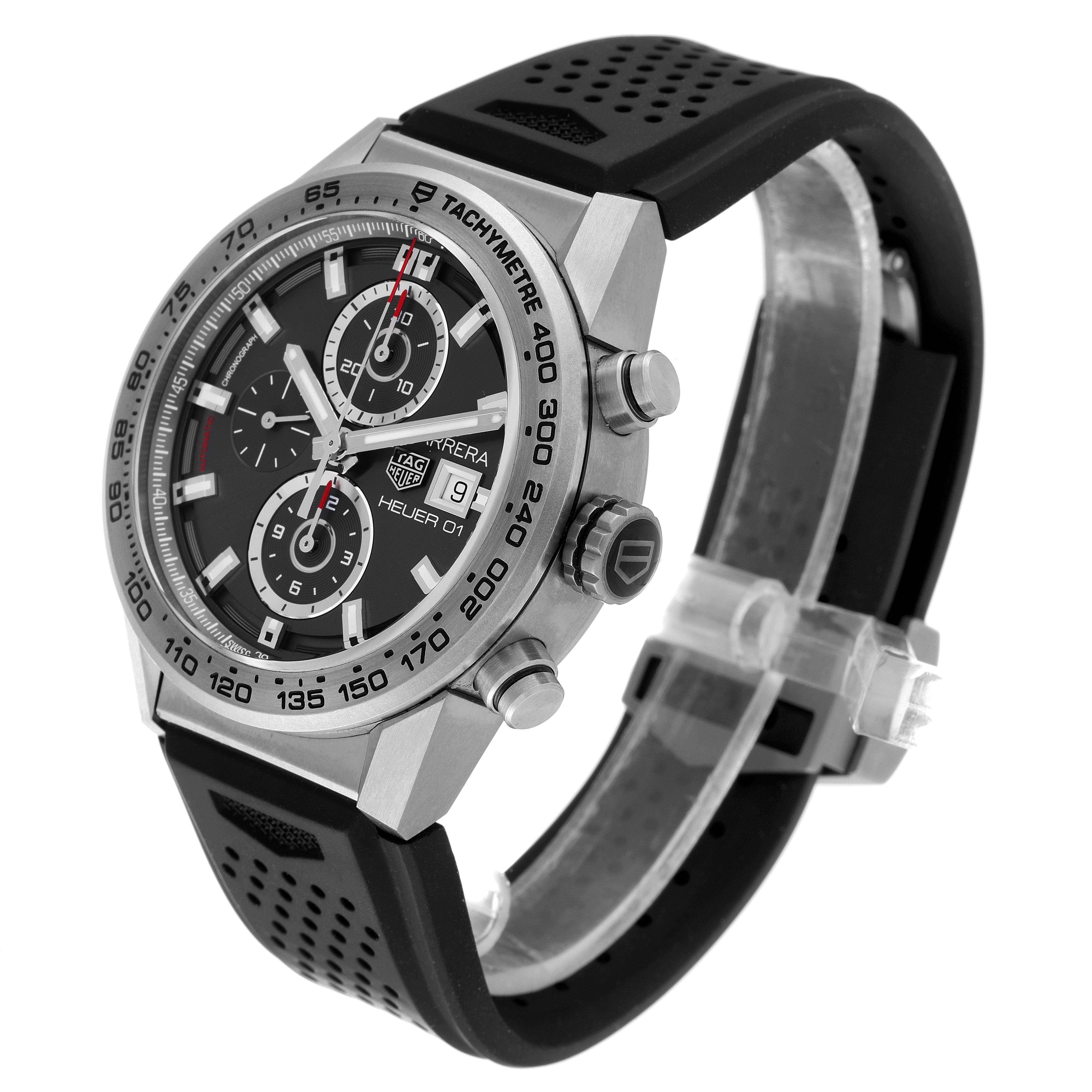 The image shows a Tag Heuer Carrera CAR208Z.BF0719 Men's Stainless Steel Grey Dial CAR208Z.BF0719 Men's Stainless Steel Grey Dial watch from a side angle, highlighting the face, tachymeter bezel, pushers, and black rubber strap.