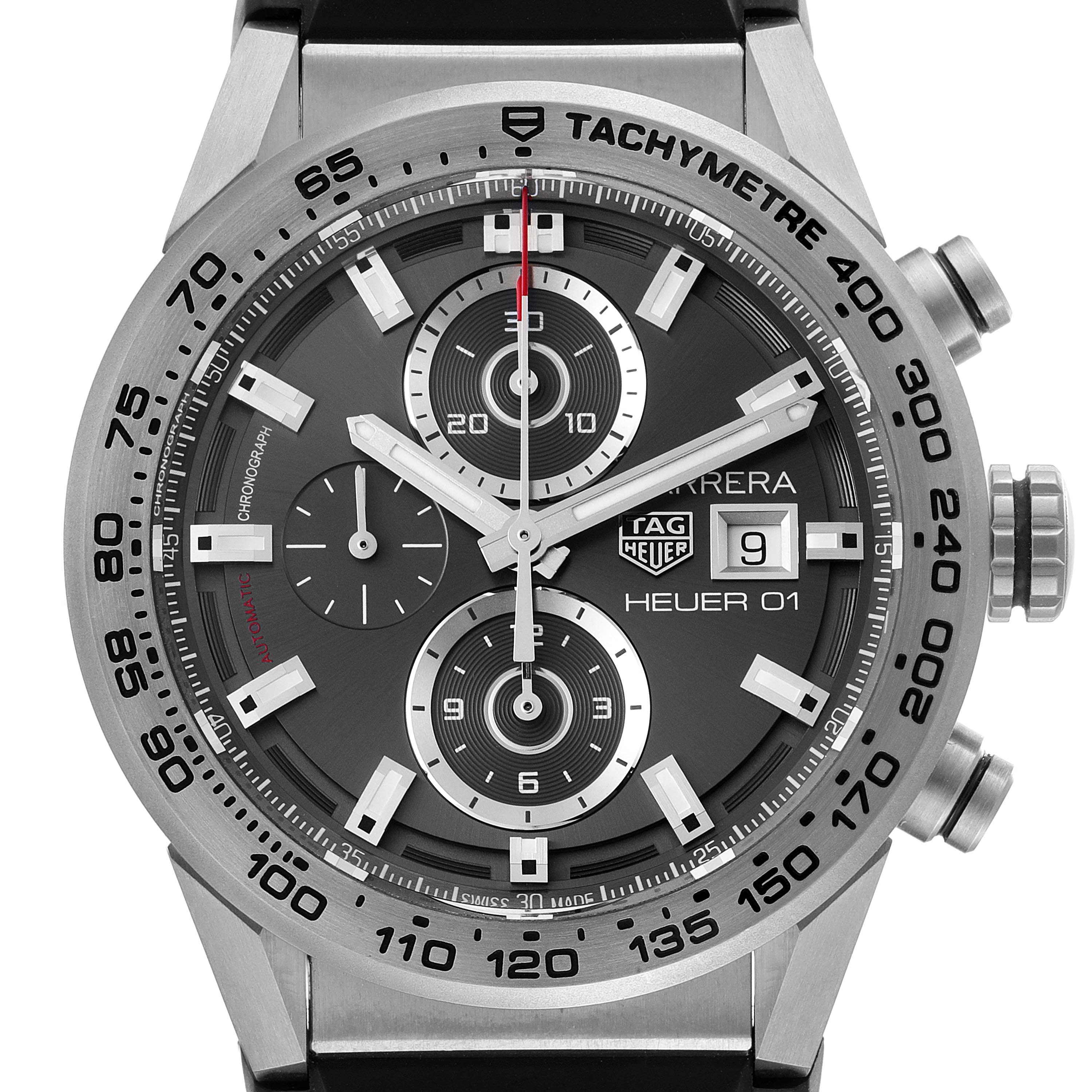 This image shows a front view of the Tag Heuer Carrera CAR208Z.BF0719 Men's Stainless Steel Grey Dial CAR208Z.BF0719 Men's Stainless Steel Grey Dial model, highlighting the dial and tachymetre scale.