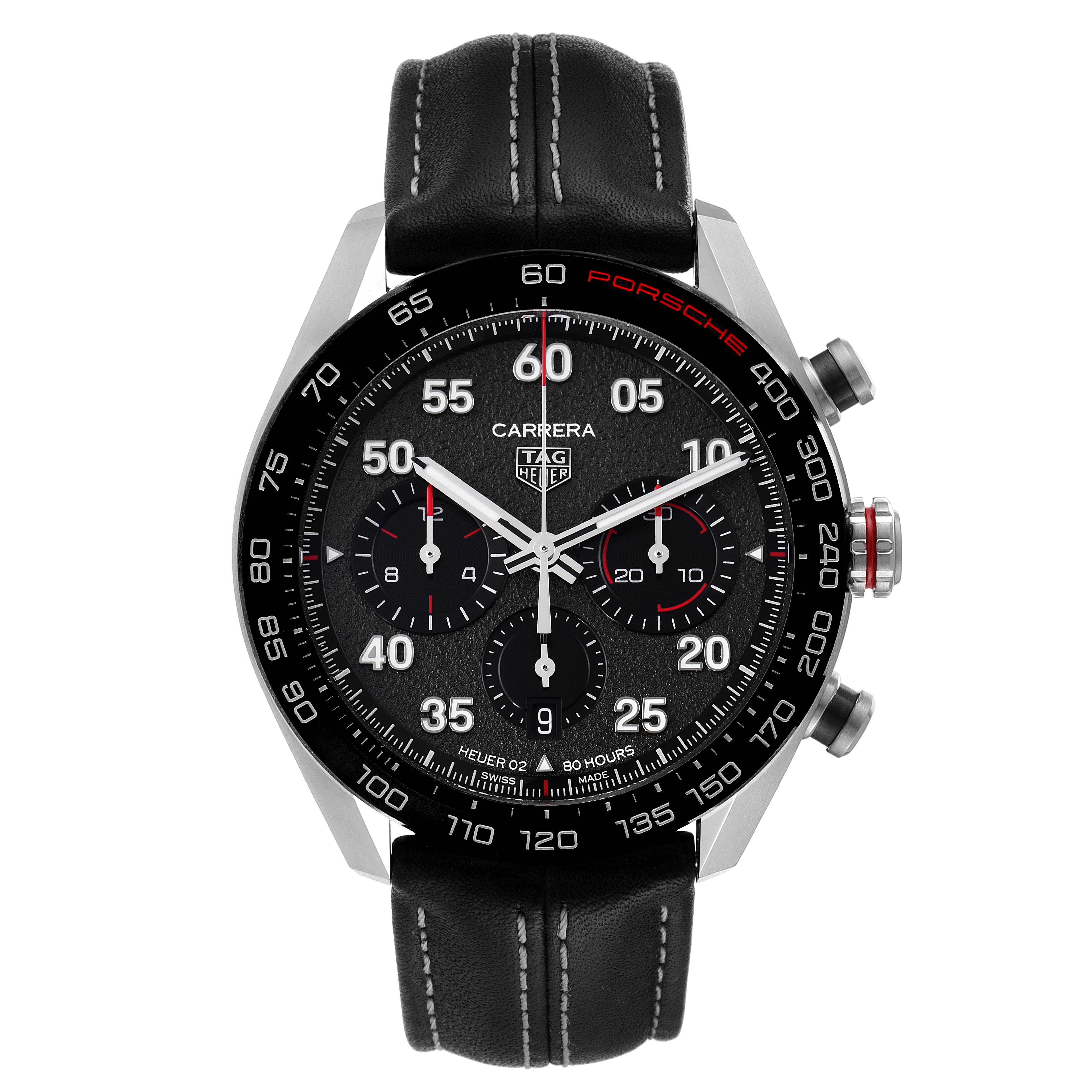 The Tag Heuer Carrera model watch is shown from the front, displaying its face, bezel, and leather strap.