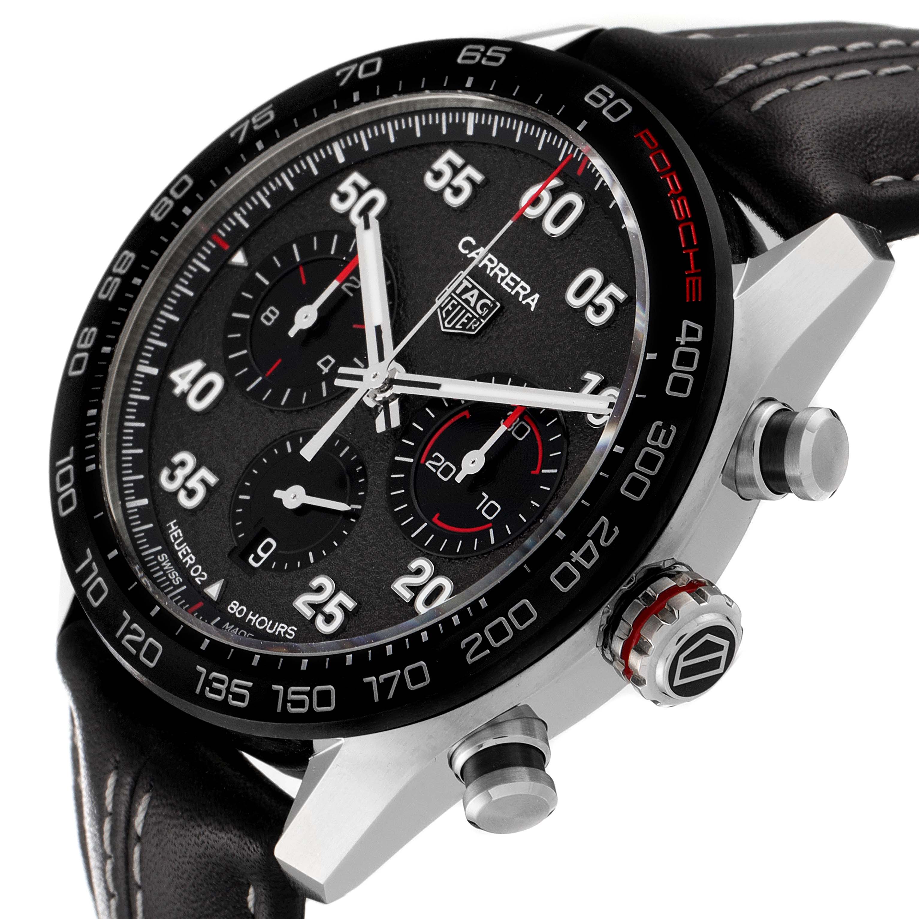 The Tag Heuer Carrera watch is shown at an angled close-up, focusing on its face, bezel, and side buttons.