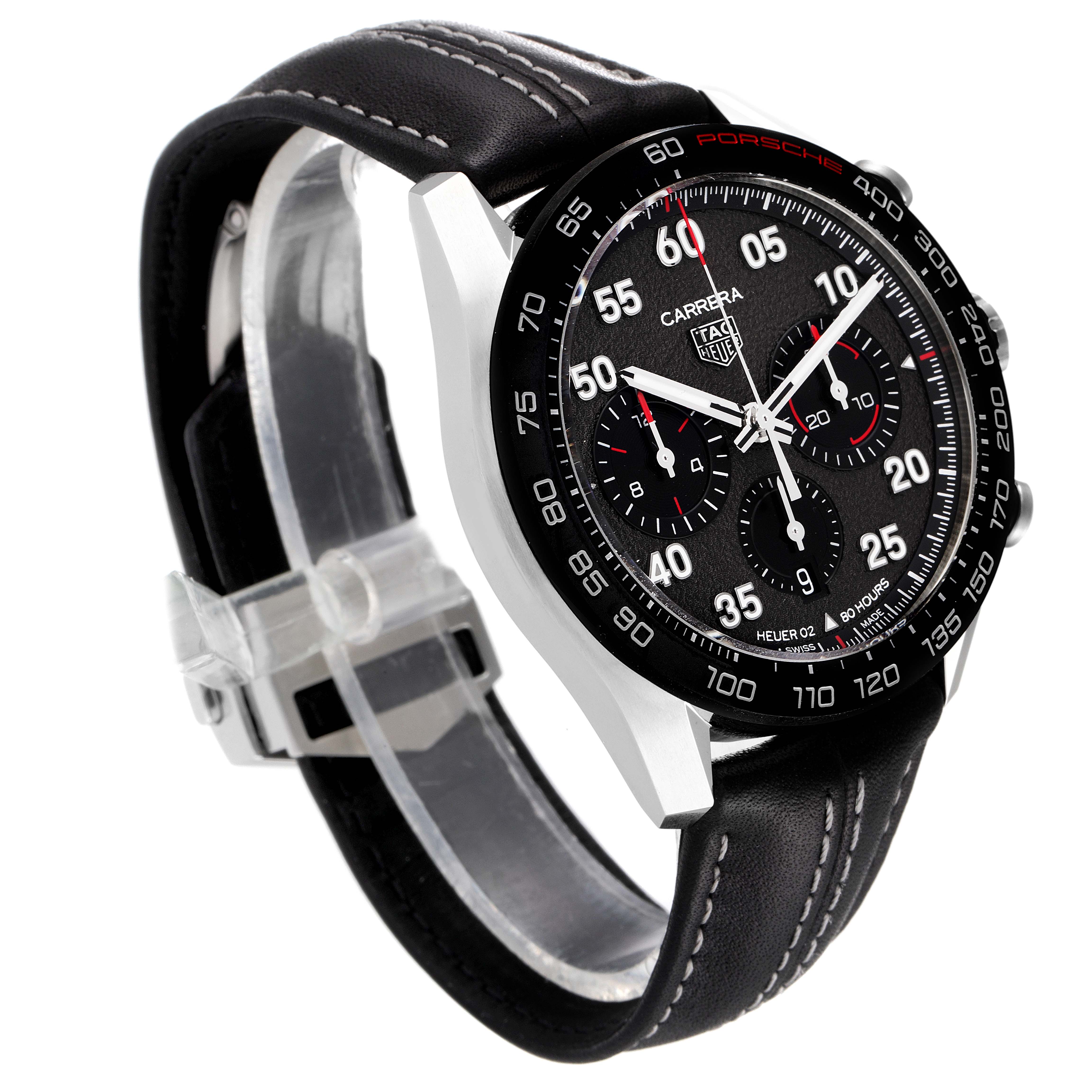 The image shows a side and front angle of the Tag Heuer Carrera watch with a black leather strap and detailed dial.