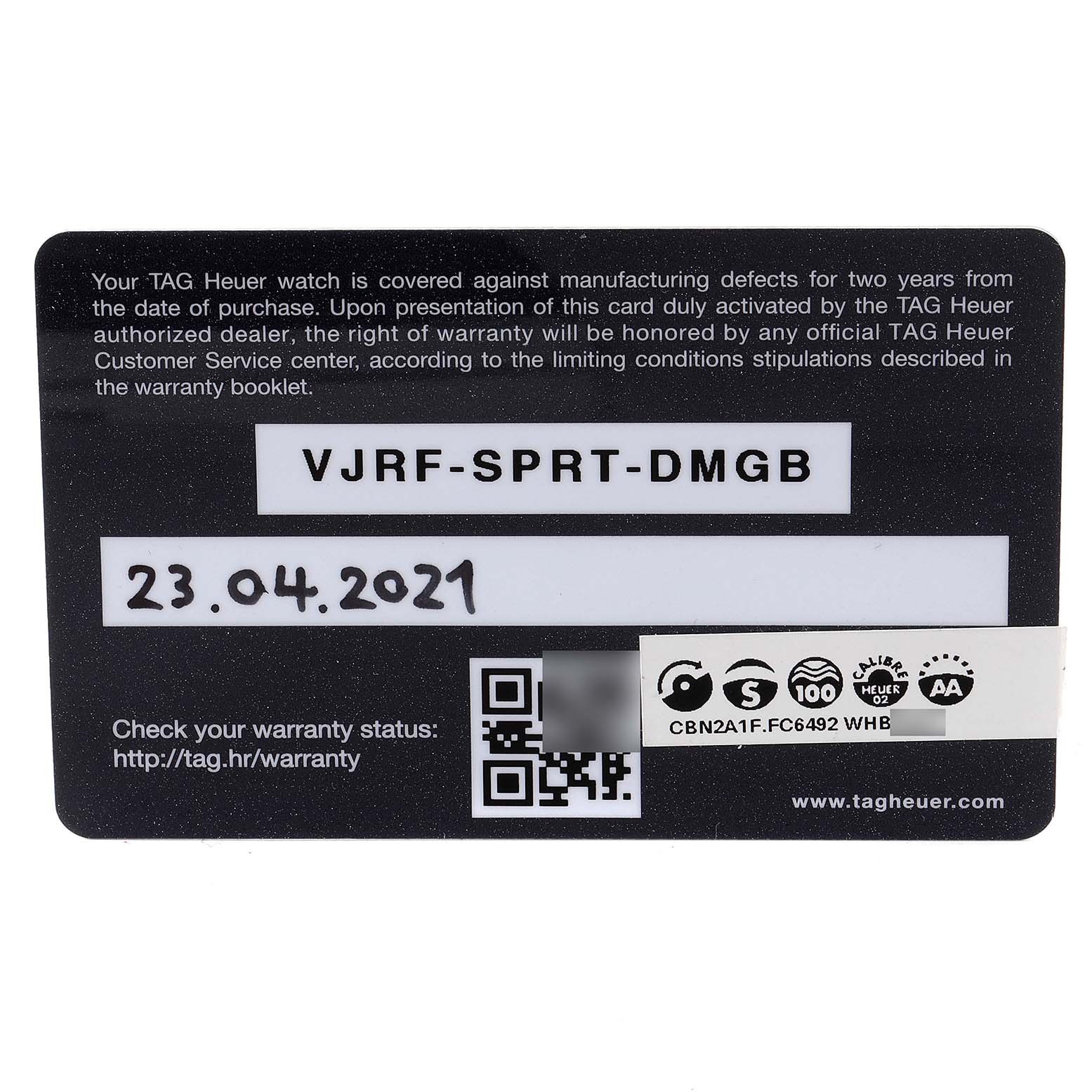 The image shows the warranty card for a Tag Heuer Carrera model watch, dated 23.04.2021.