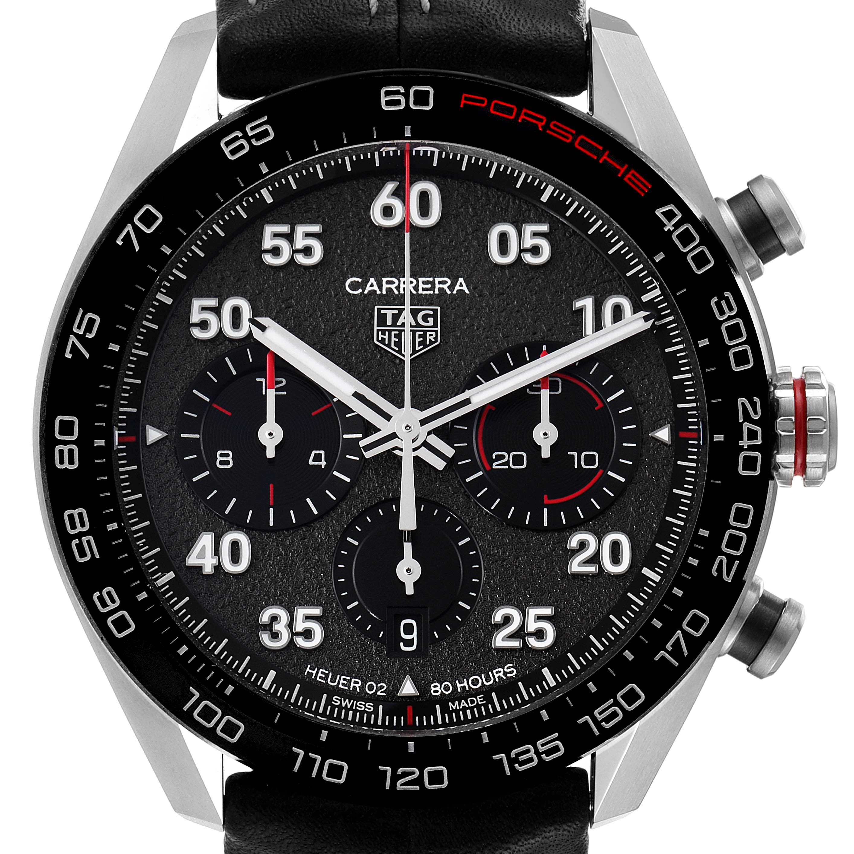 The image shows a front view of the Tag Heuer Carrera Limited Edition watch, highlighting the dial, subdials, and push-buttons.