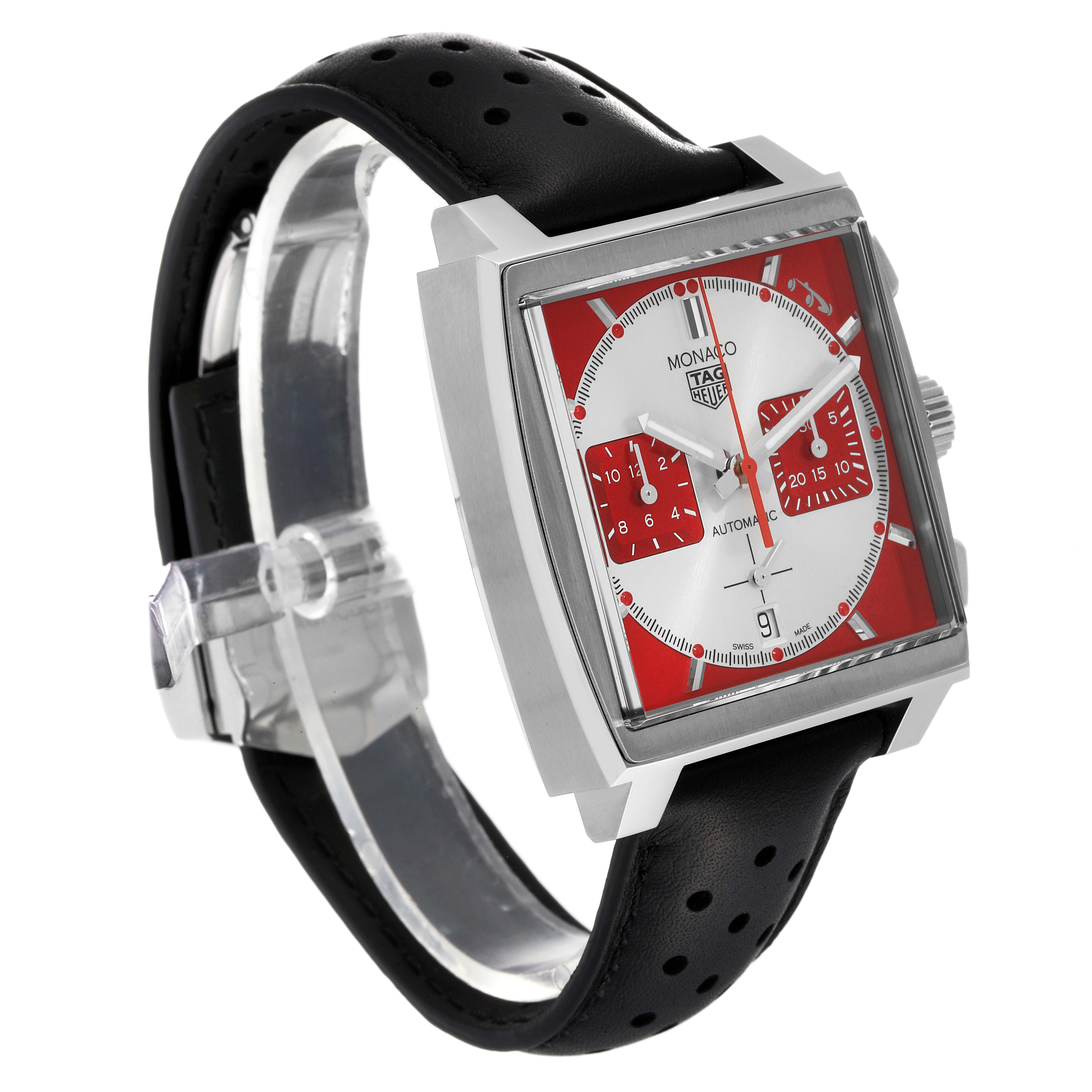 A side angle of a Tag Heuer Monaco CBL2114.FC6486 Men's Stainless Steel Red Dial CBL2114.FC6486 Men's Stainless Steel Red Dial watch is shown, highlighting its red and silver square face with a black perforated strap.