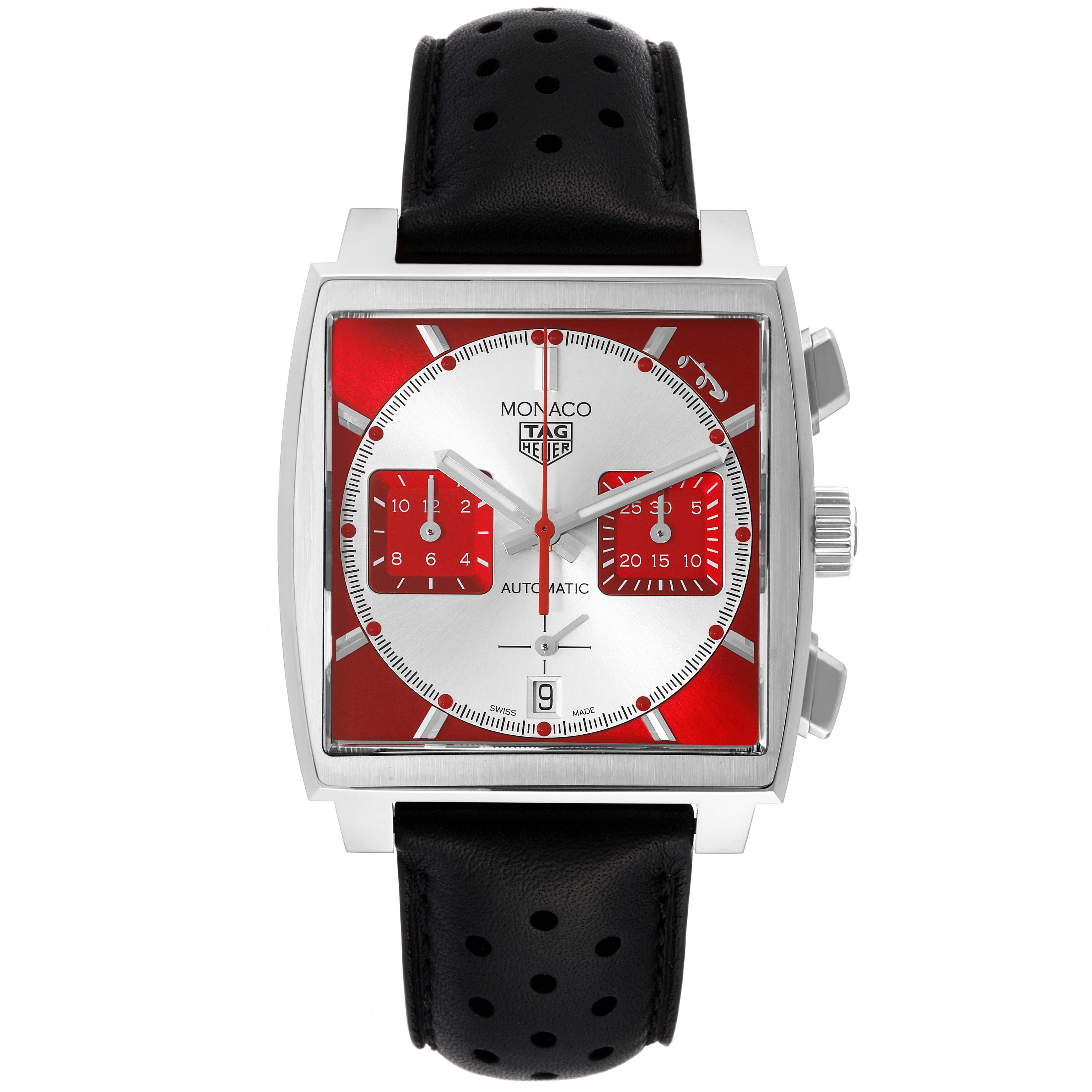 This image shows a front view of the Tag Heuer Monaco CBL2114.FC6486 Men's Stainless Steel Red Dial CBL2114.FC6486 Men's Stainless Steel Red Dial watch, featuring a red dial and black perforated strap.