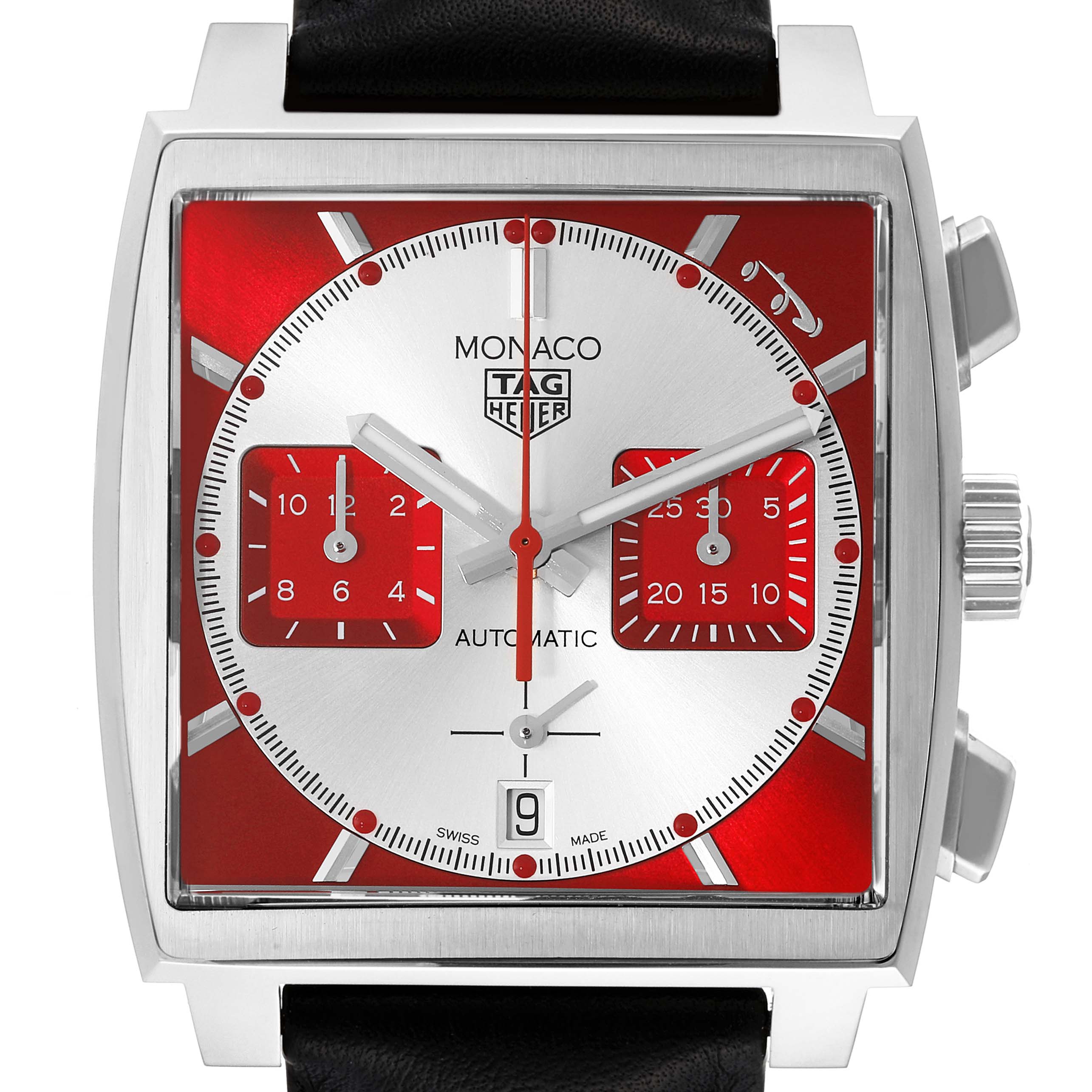 This image shows a frontal view of the Tag Heuer Monaco CBL2114.FC6486 Men's Stainless Steel Red Dial CBL2114.FC6486 Men's Stainless Steel Red Dial watch, displaying the face, hands, subdials, and crown.