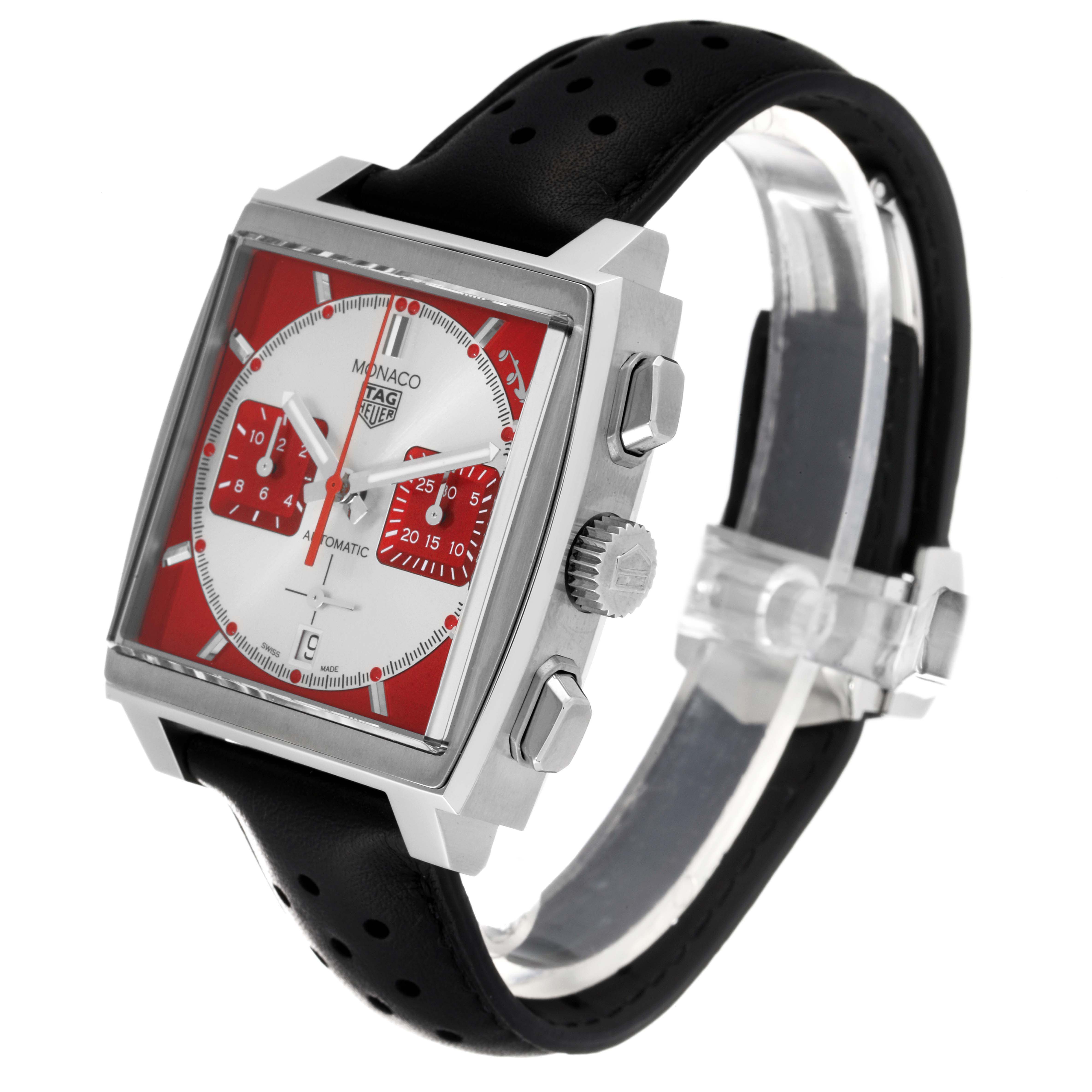 The image shows a side angle view of a Tag Heuer Monaco CBL2114.FC6486 Men's Stainless Steel Red Dial CBL2114.FC6486 Men's Stainless Steel Red Dial watch featuring a square case and a black perforated strap.