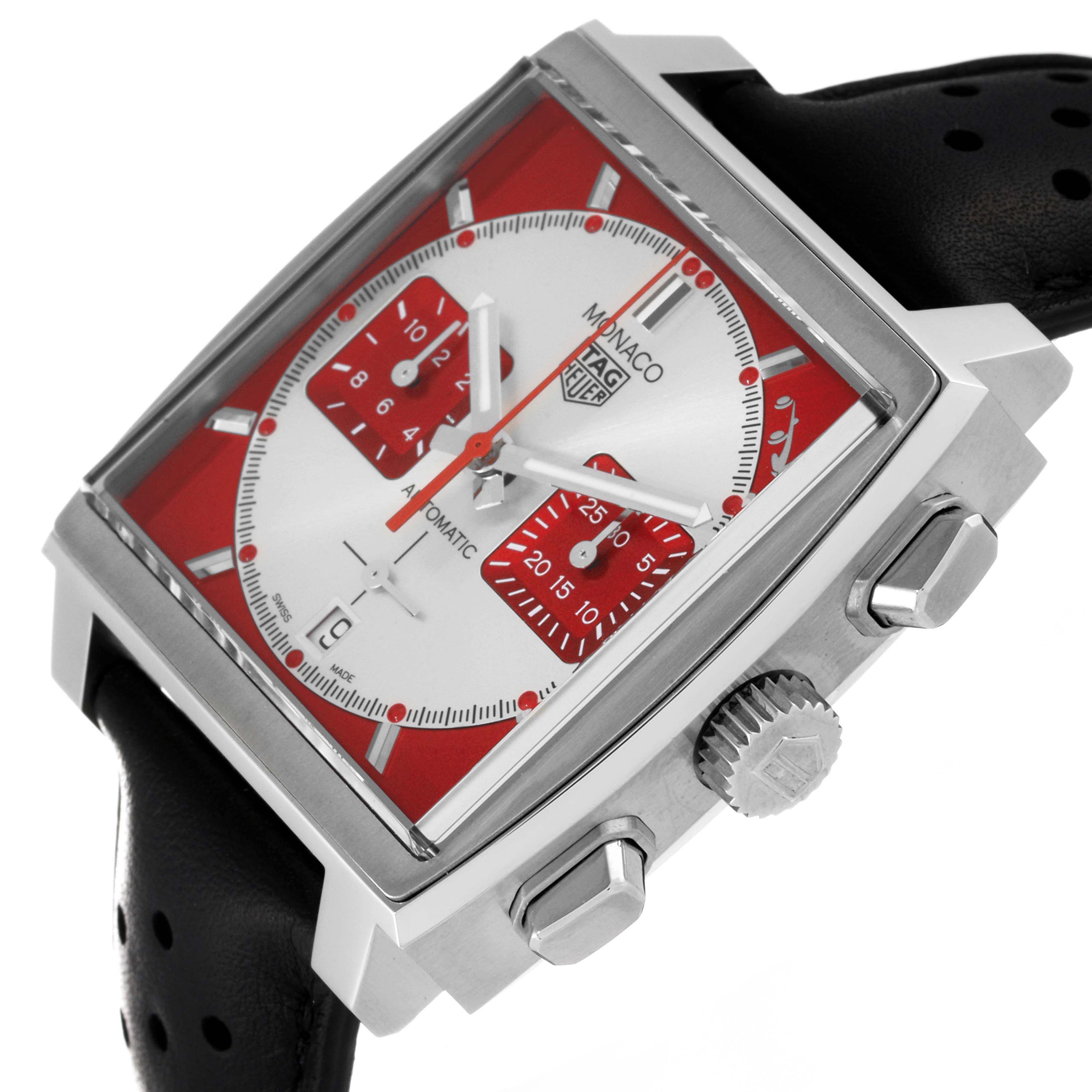 The Tag Heuer Monaco CBL2114.FC6486 Men's Stainless Steel Red Dial CBL2114.FC6486 Men's Stainless Steel Red Dial watch is shown from a slightly angled side view, highlighting the crown, buttons, and face details.