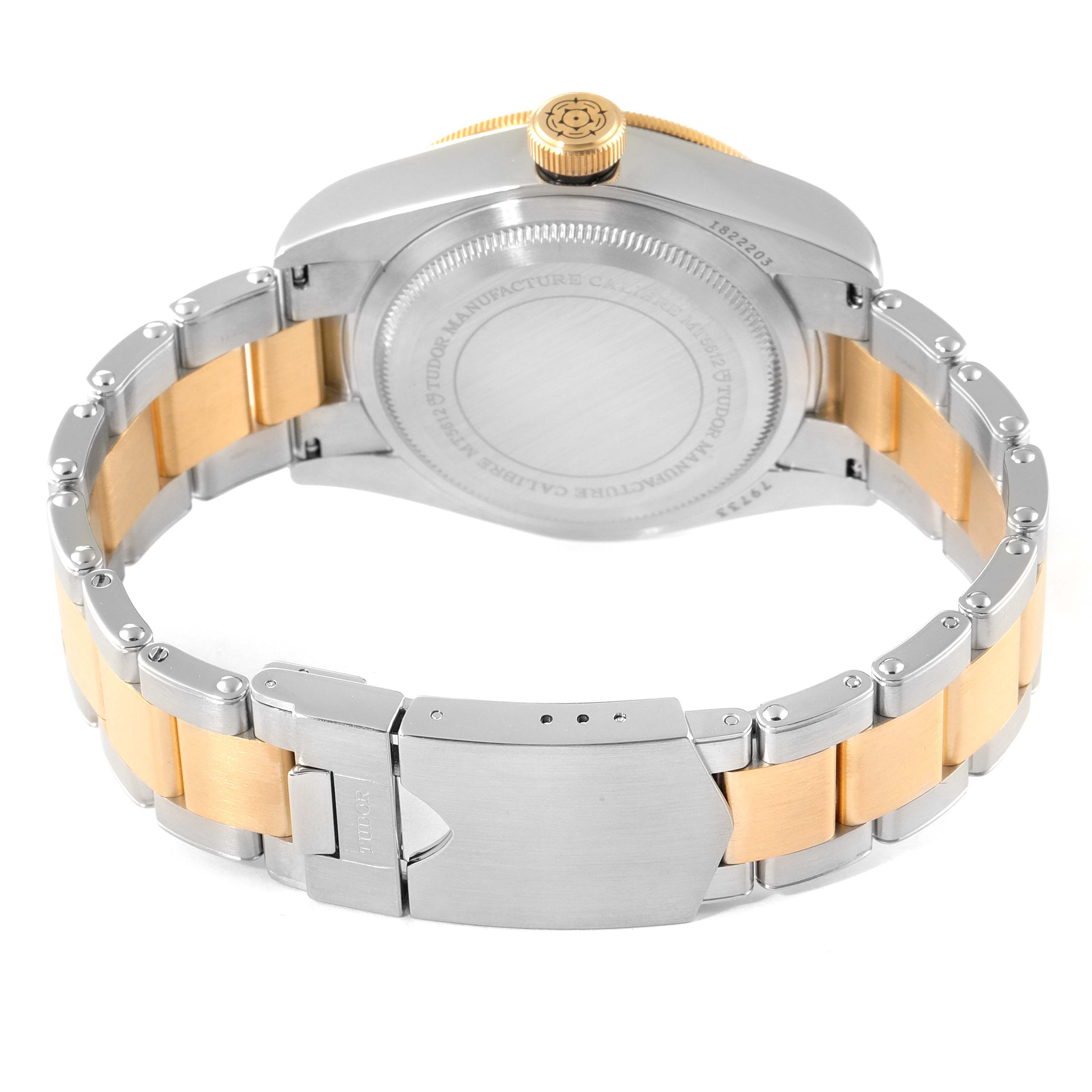 The image shows the back view of a Tudor Heritage Black Bay 79733 Men's Steel and Gold (two tone) Black Dial 79733 Men's Steel and Gold (two tone) Black Dial watch, highlighting the case back and bi-color bracelet with a clasp.
