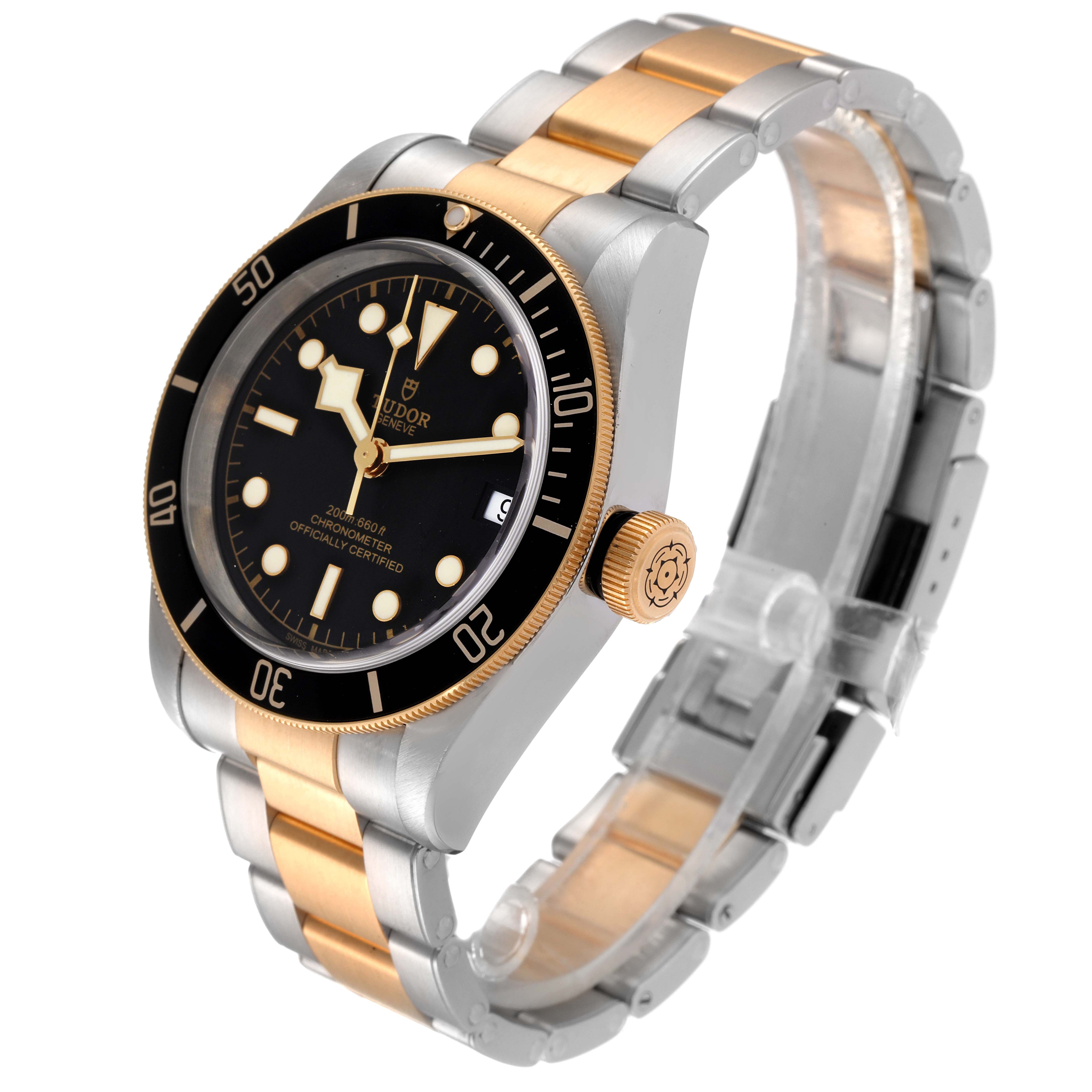 The Tudor Heritage Black Bay 79733 Men's Steel and Gold (two tone) Black Dial 79733 Men's Steel and Gold (two tone) Black Dial watch is shown at a slight angle, highlighting its face, bezel, crown, and bracelet.