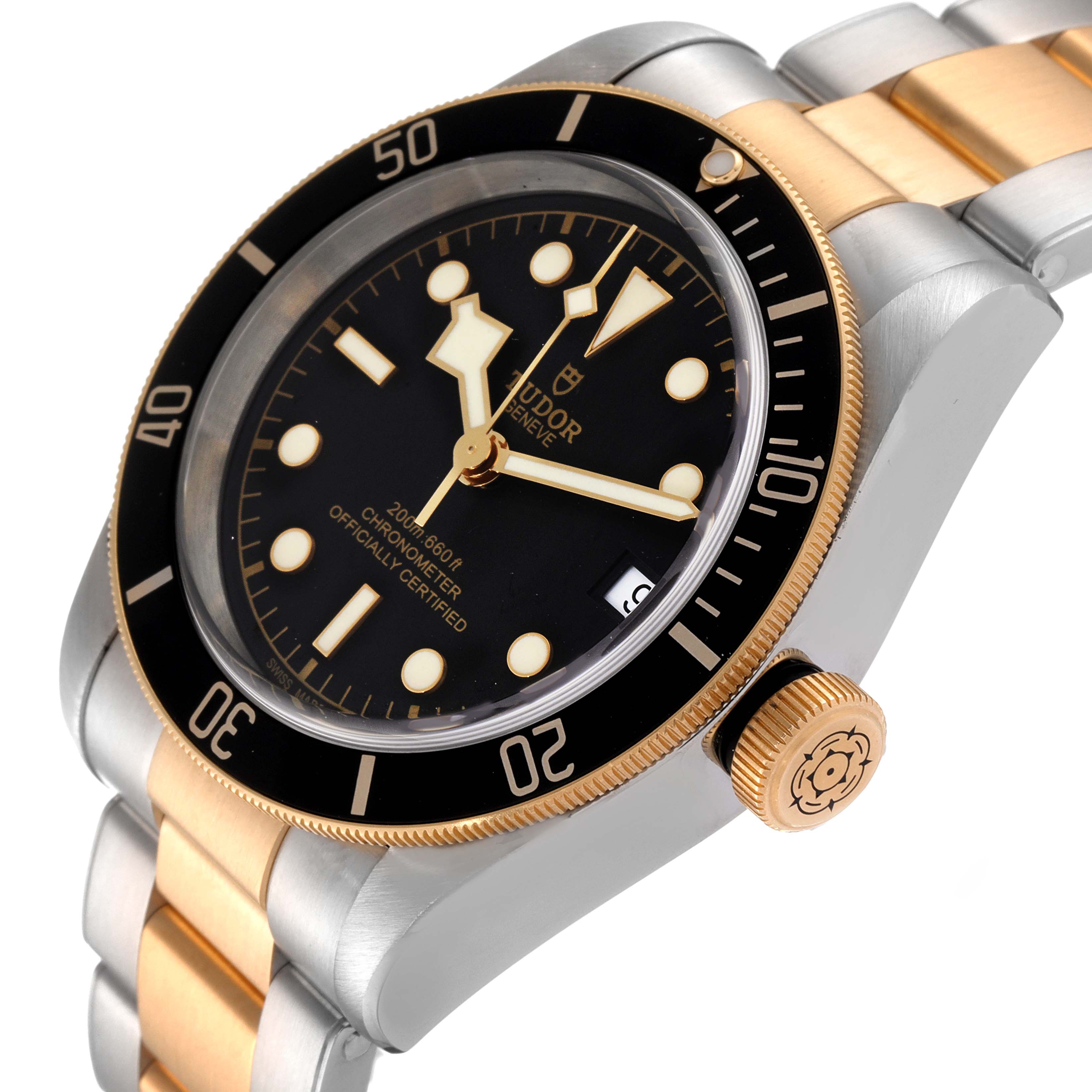 The image shows a Tudor Heritage Black Bay 79733 Men's Steel and Gold (two tone) Black Dial 79733 Men's Steel and Gold (two tone) Black Dial watch at a slight angle, highlighting its face, bezel, crown, and two-tone bracelet.