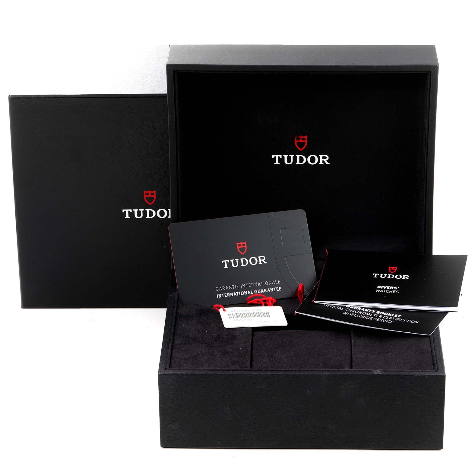 The image shows the packaging, international guarantee card, and documentation for the Tudor Heritage Black Bay 79733 Men's Steel and Gold (two tone) Black Dial 79733 Men's Steel and Gold (two tone) Black Dial watch.