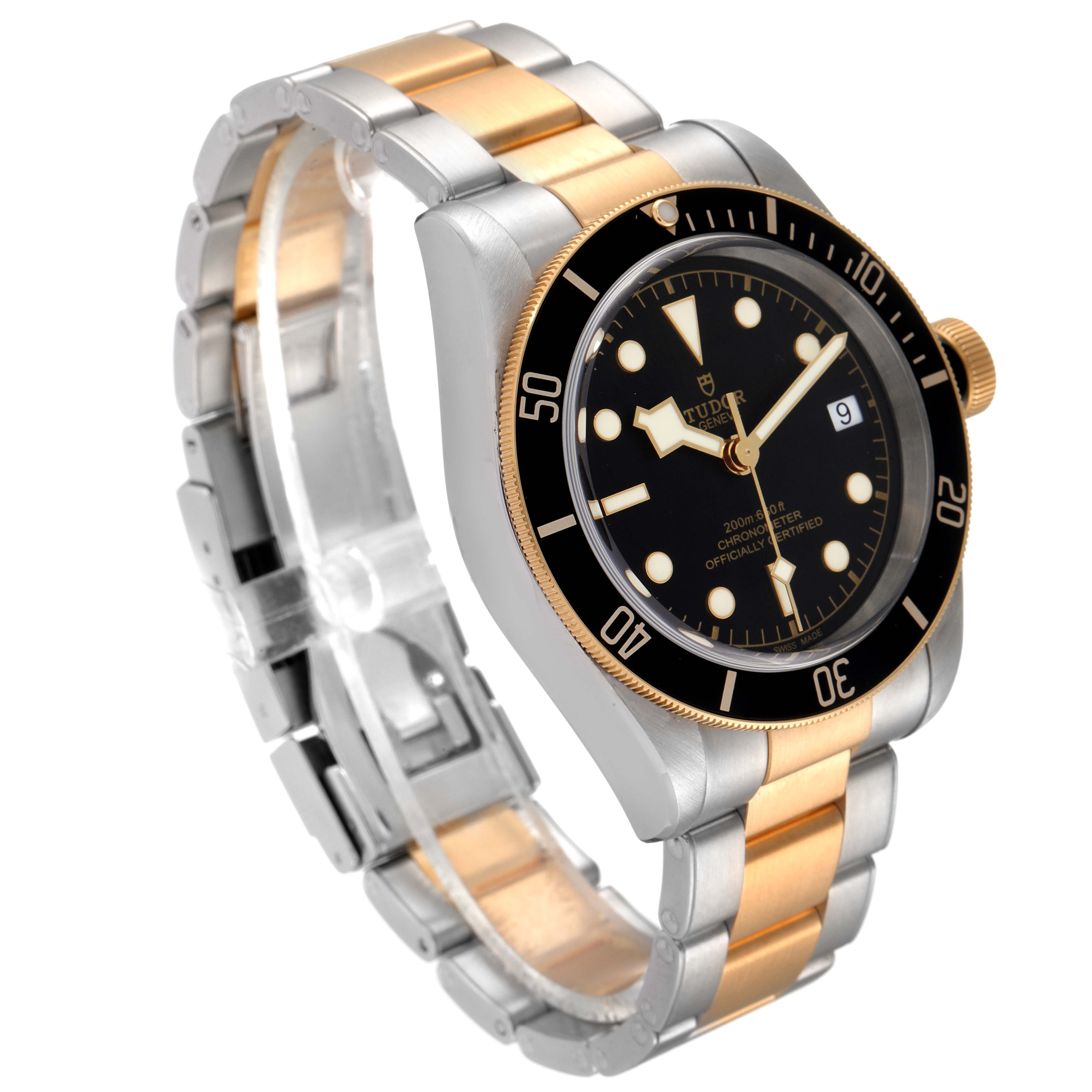 The image shows a side and front view of a Tudor Heritage Black Bay 79733 Men's Steel and Gold (two tone) Black Dial 79733 Men's Steel and Gold (two tone) Black Dial watch, highlighting the dial, bezel, crown, and two-tone bracelet.