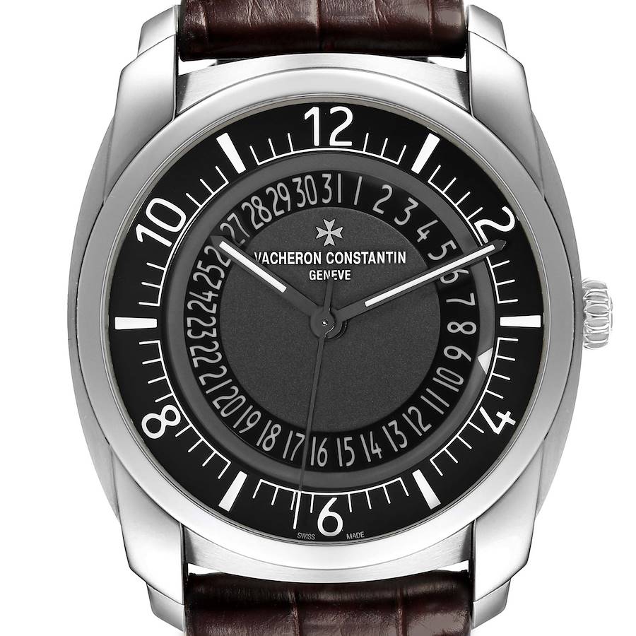 The Vacheron Constantin Quai de l'Ile watch is shown from the front, highlighting its dial, numerals, and bezel.