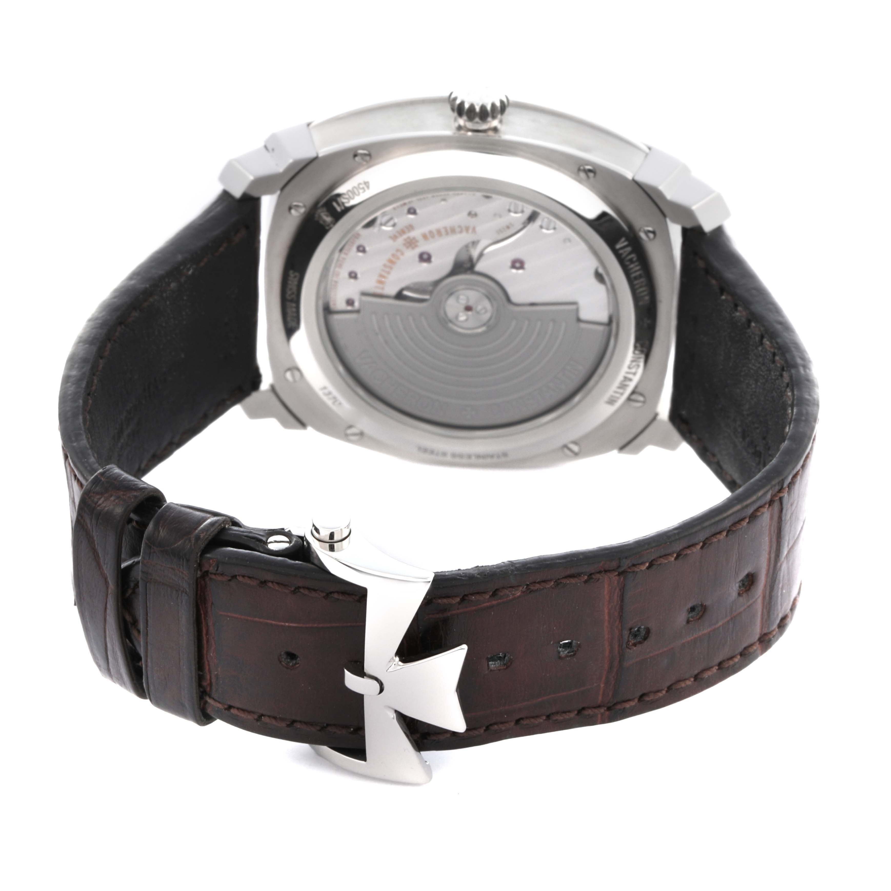 The image shows the back of the Vacheron Constantin Quai de l'Ile watch, highlighting the movement and leather strap with clasp.