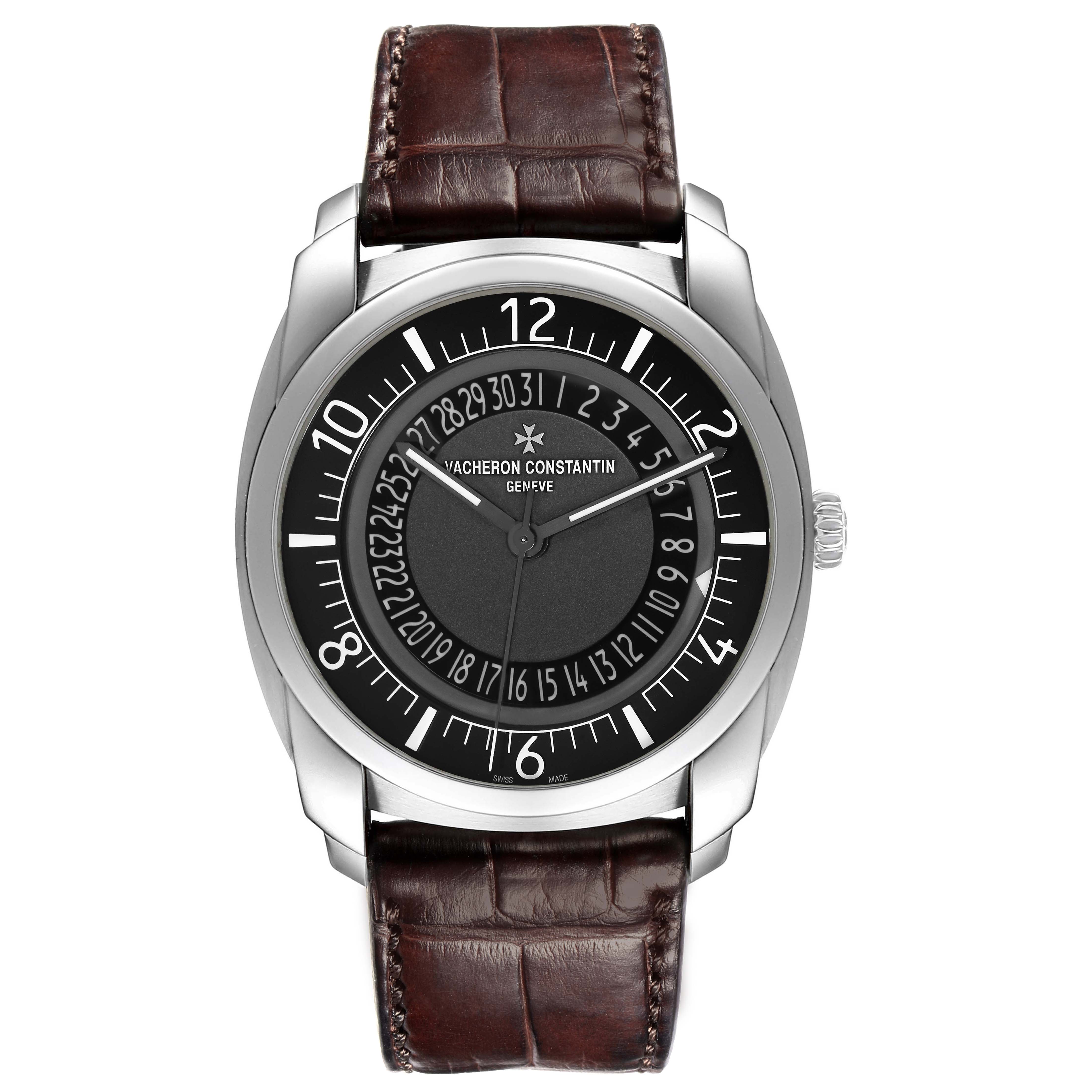 The Vacheron Constantin Quai de L'Ile watch is shown from a front angle, displaying the dial, case, and brown leather strap.