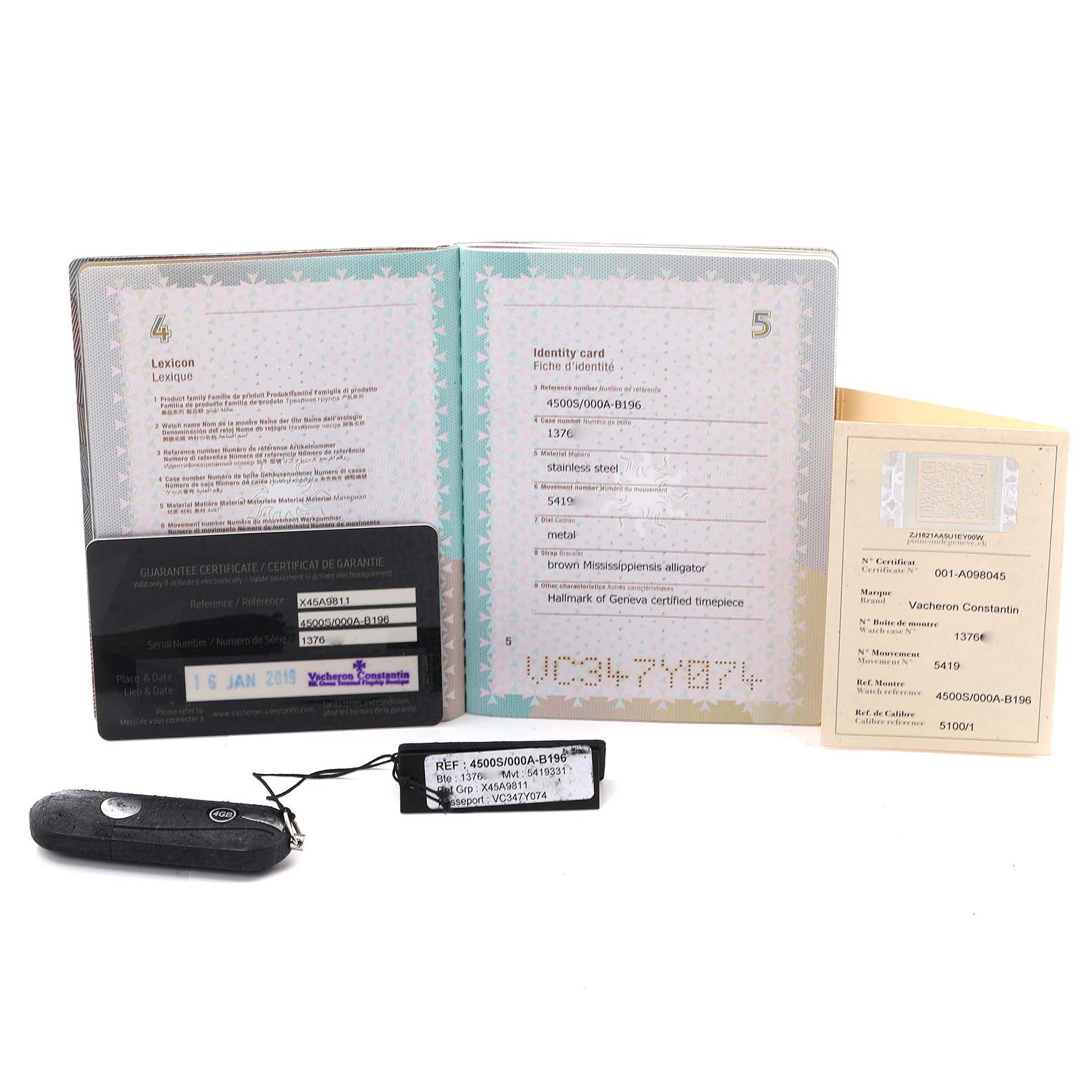 The image shows documentation and accessories for the Vacheron Constantin Quai de l'Ile watch, including an identity card and warranty certificate.