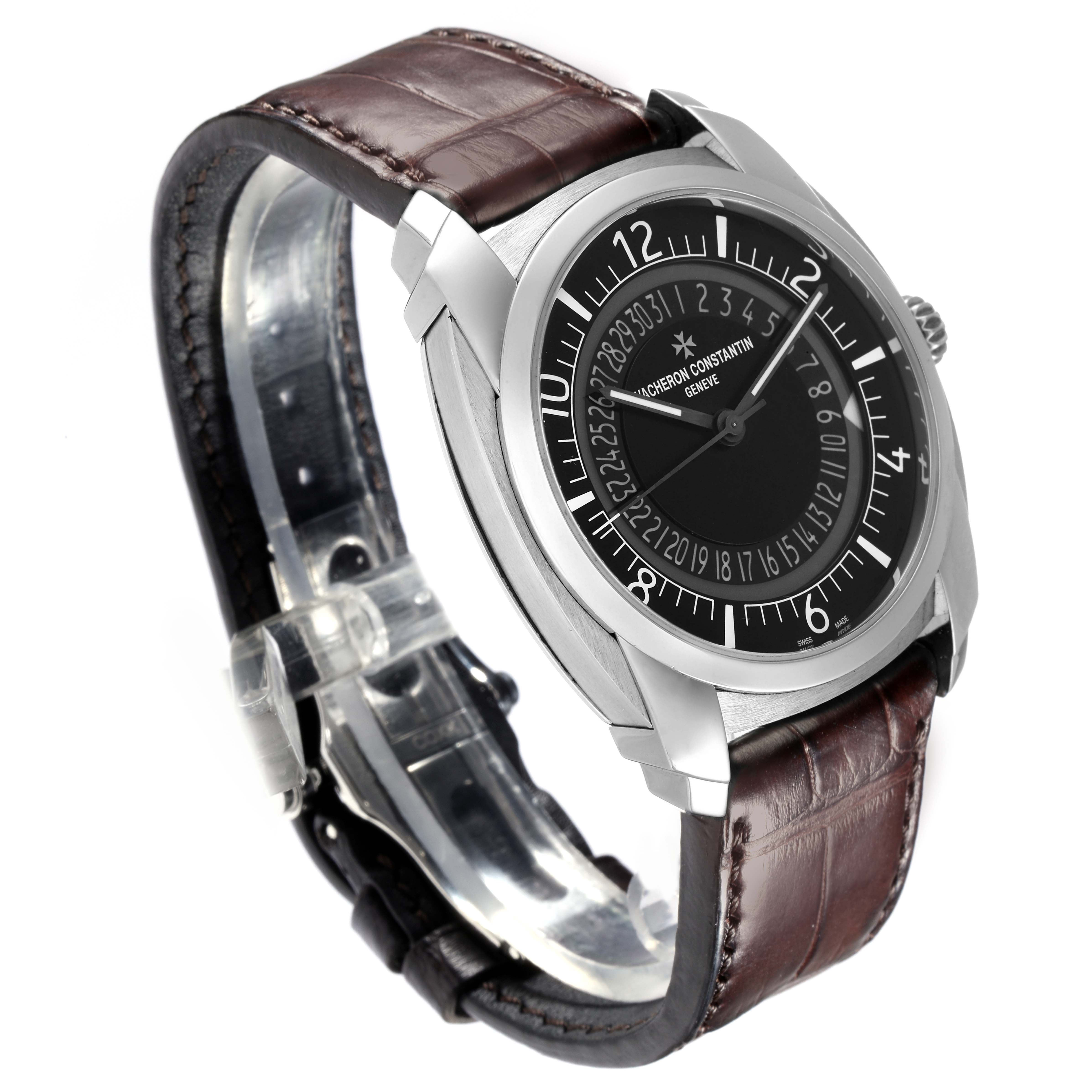 The Vacheron Constantin Quai de l'Île watch is shown at a three-quarter angle, highlighting the case, dial, and leather strap.