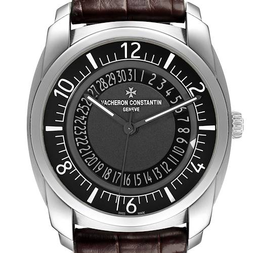 The Vacheron Constantin Quai de l'Ile watch is shown from a front angle, highlighting the dial, hands, and bezel.