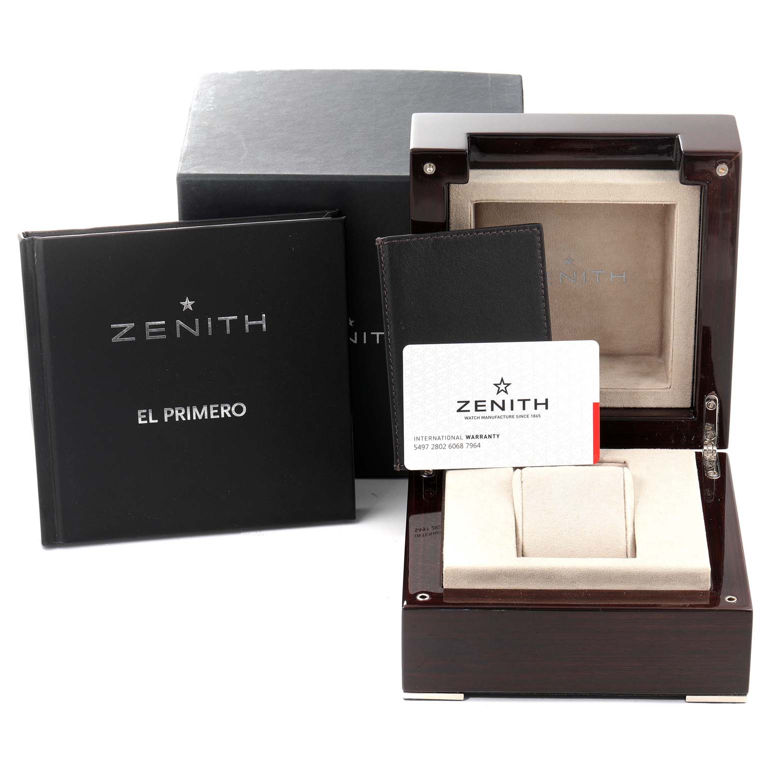 This image shows the Zenith El Primero 18.2110.400 Men's Rose Gold Silver Dial 18.2110.400 Men's Rose Gold Silver Dial watch box, warranty card, and user manual from a frontal angle.