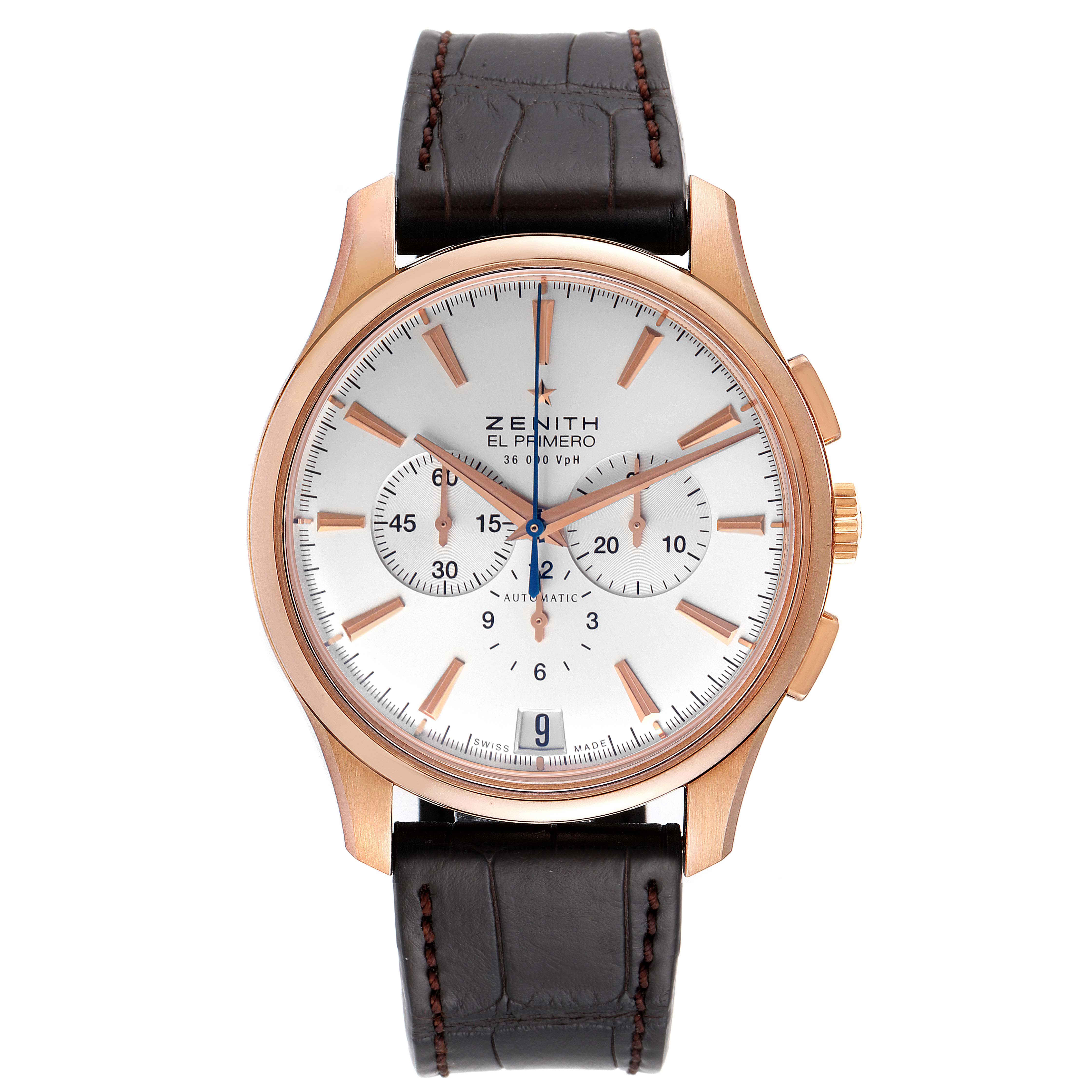 The Zenith El Primero 18.2110.400 Men's Rose Gold Silver Dial 18.2110.400 Men's Rose Gold Silver Dial watch is shown from a front view, displaying the face, dial, crown, hour markers, and leather strap.