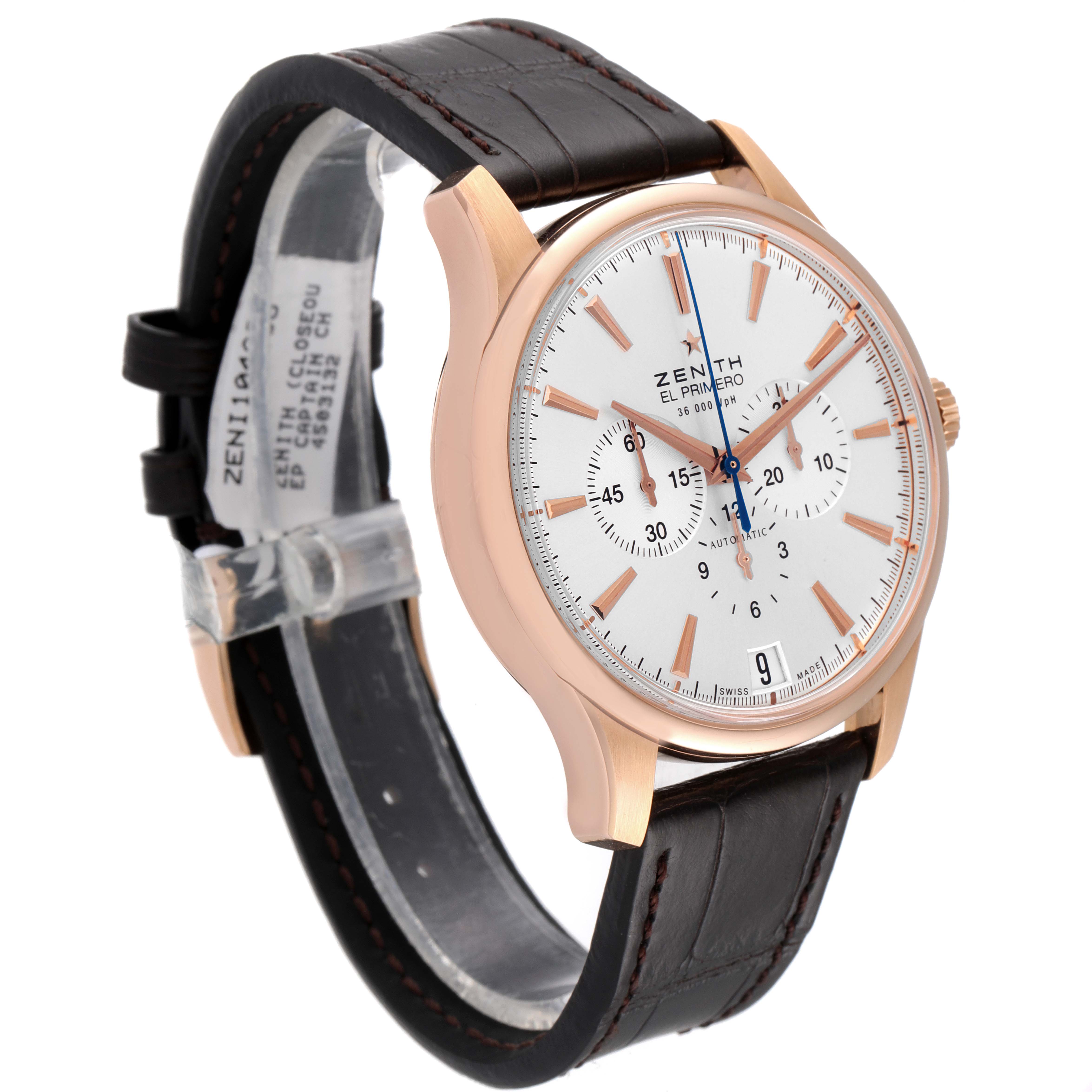 The Zenith El Primero 18.2110.400 Men's Rose Gold Silver Dial 18.2110.400 Men's Rose Gold Silver Dial watch is shown at a three-quarter angle, displaying its dial, case, and leather strap.