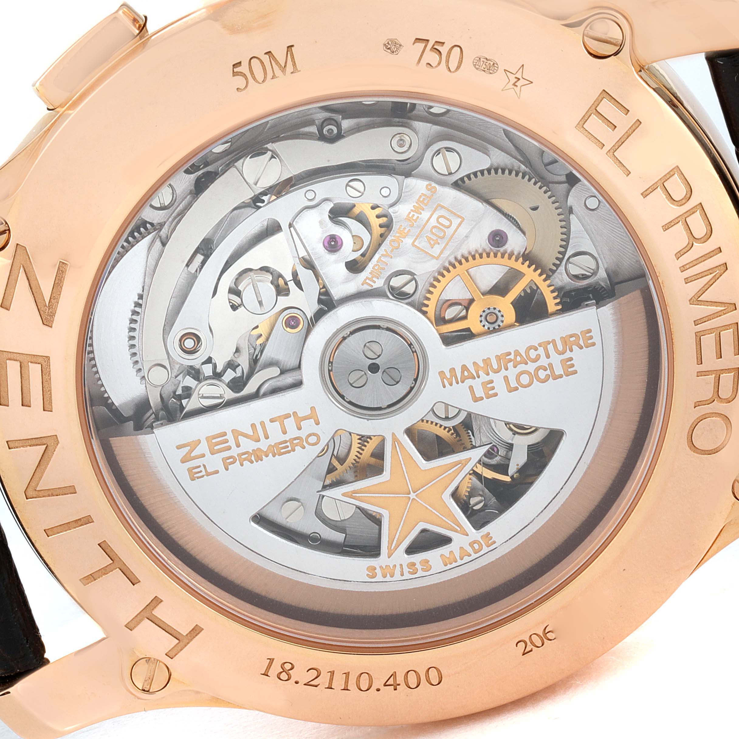 This image shows the back case of the Zenith El Primero 18.2110.400 Men's Rose Gold Silver Dial 18.2110.400 Men's Rose Gold Silver Dial watch, highlighting the movement and intricate gears.