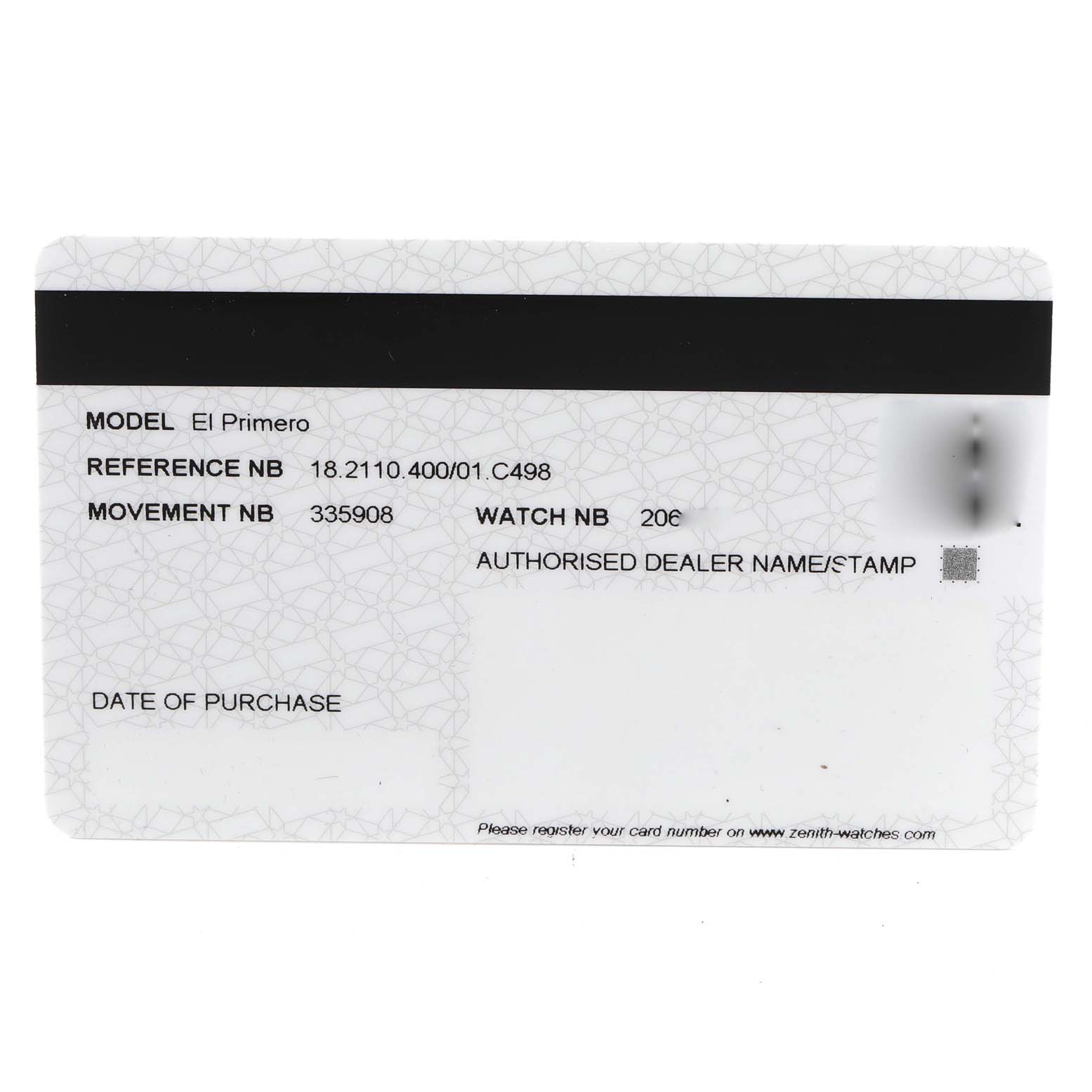 The image shows a Zenith El Primero 18.2110.400 Men's Rose Gold Silver Dial 18.2110.400 Men's Rose Gold Silver Dial warranty card detailing watch model, reference, movement, and watch numbers.