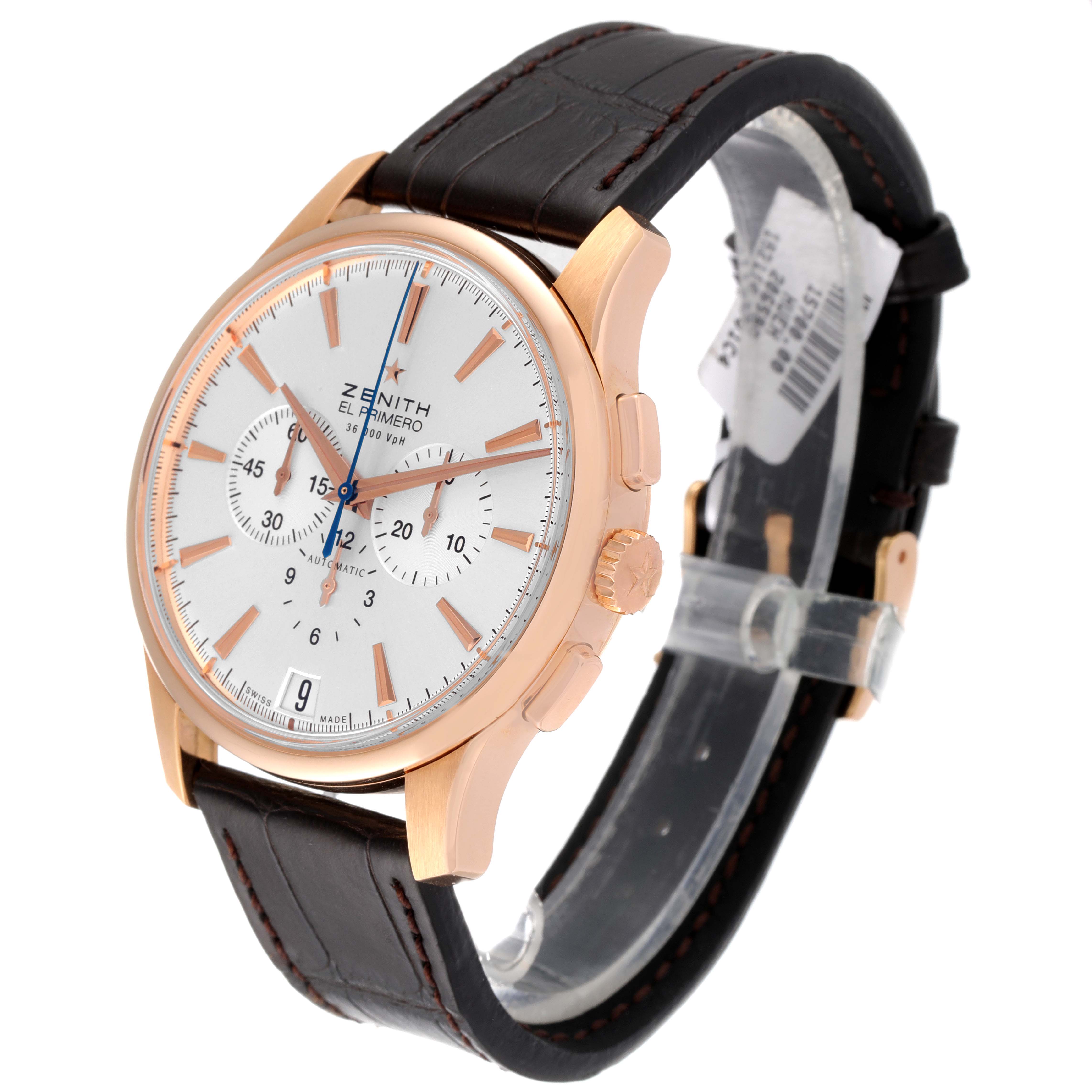 The Zenith El Primero 18.2110.400 Men's Rose Gold Silver Dial 18.2110.400 Men's Rose Gold Silver Dial watch is shown at a slight angle, highlighting its face, crown, pushers, and leather strap.