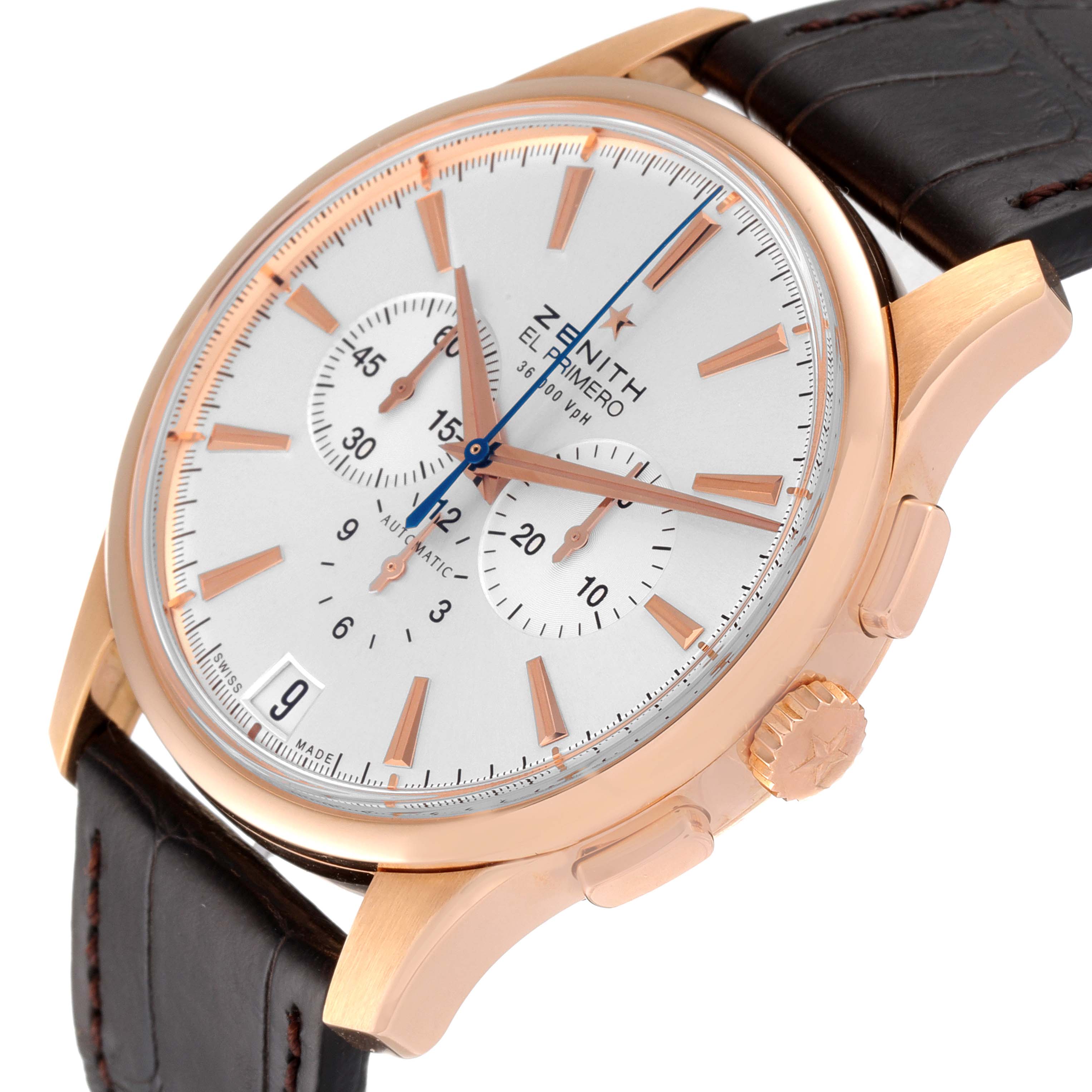 This image shows the Zenith El Primero 18.2110.400 Men's Rose Gold Silver Dial 18.2110.400 Men's Rose Gold Silver Dial watch at a slight side angle, displaying the face, crown, and leather strap.