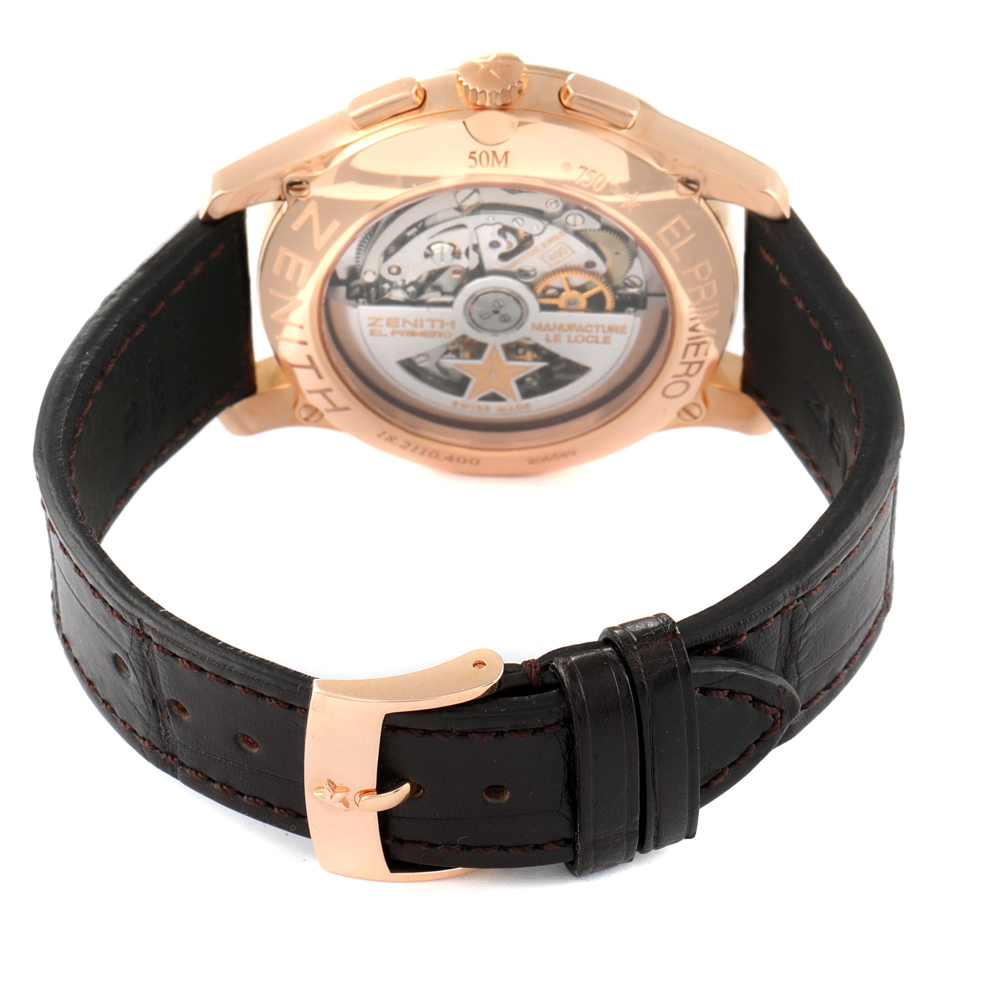 The image shows the back view of the Zenith El Primero 18.2110.400 Men's Rose Gold Silver Dial 18.2110.400 Men's Rose Gold Silver Dial watch, highlighting the movement mechanism and leather strap with a buckle.