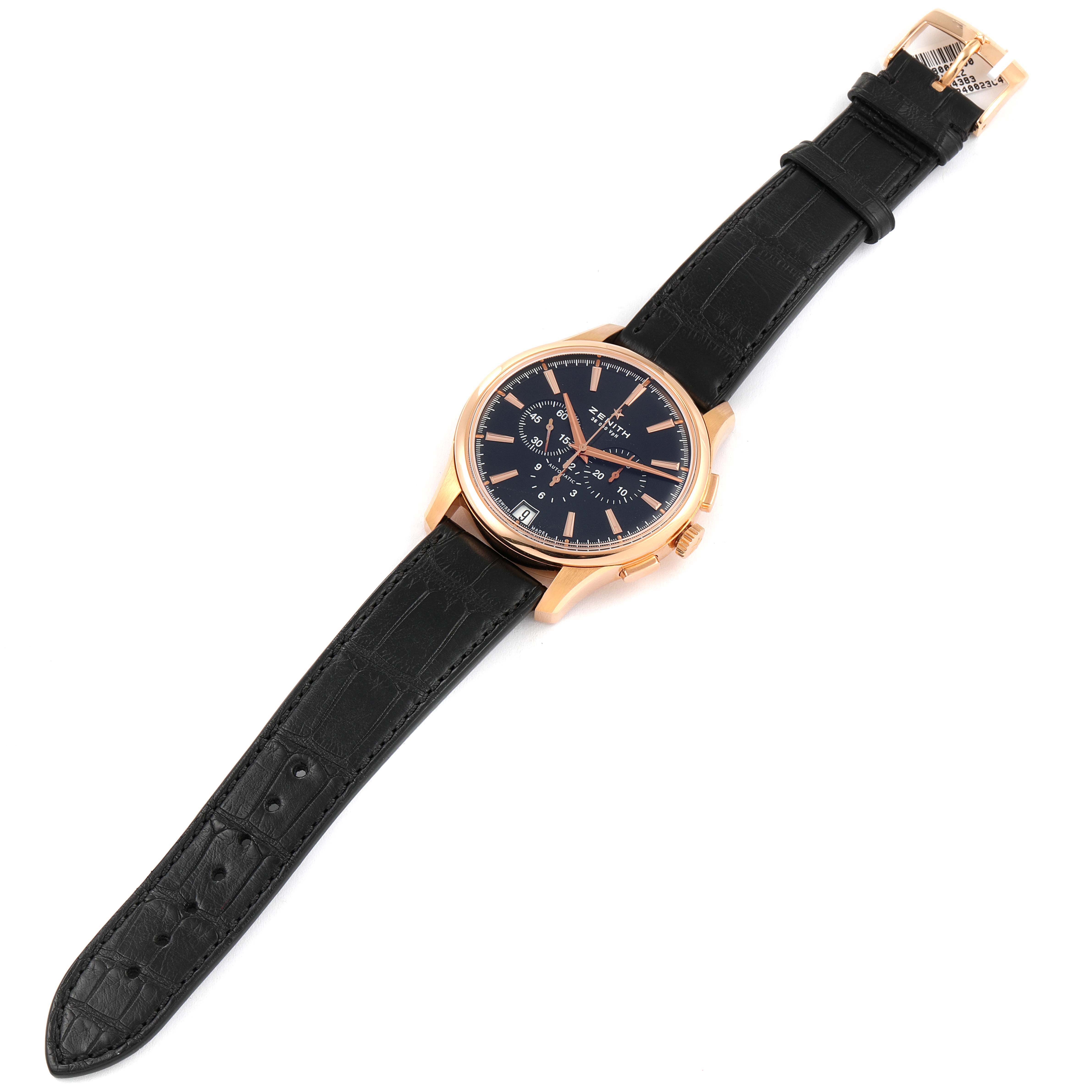 This Zenith Captain 18.2112.400 Men's Rose Gold Black Dial 18.2112.400 Men's Rose Gold Black Dial model watch is shown from a top-down angle, displaying the black leather strap, rose gold case, and black dial.